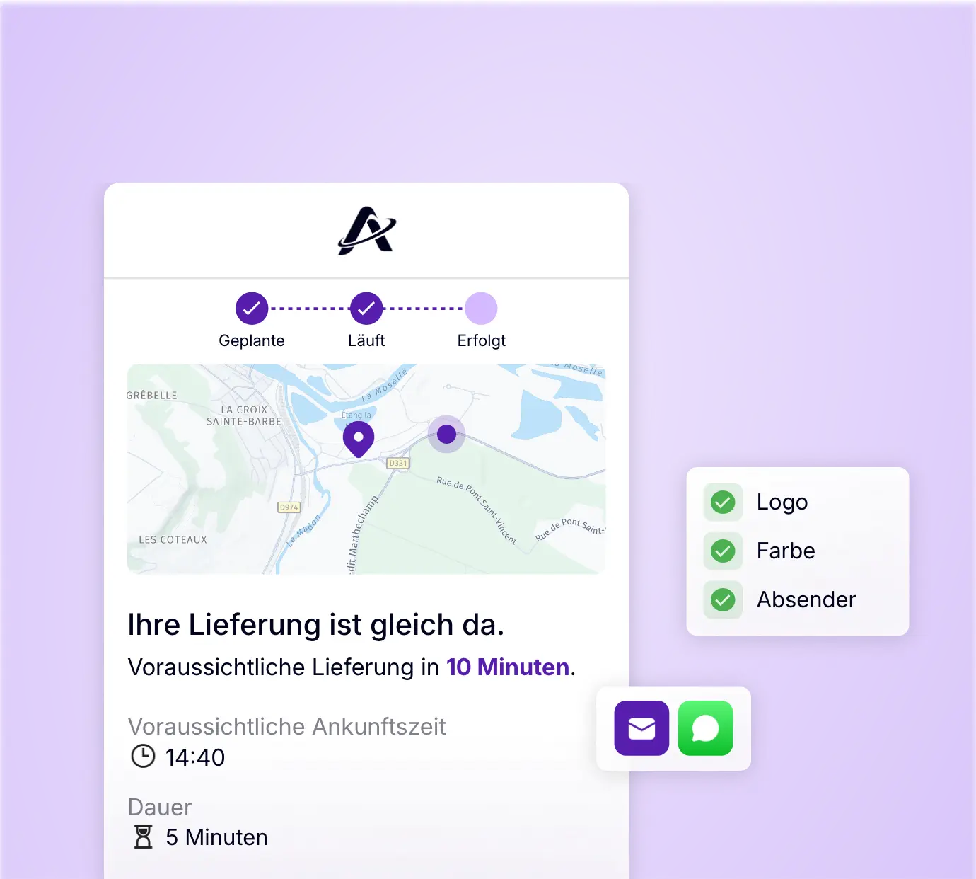 Personalisierte Sendungsverfolgung mit Live-Karte, voraussichtlicher Ankunftszeit und Kundenbenachrichtigungen per E-Mail und SMS