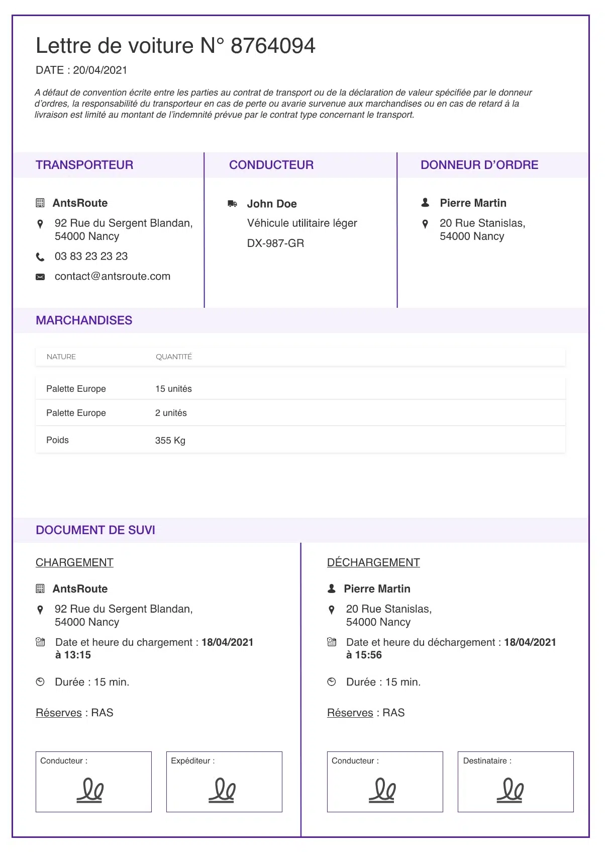 Modèle de lettre de voiture créée avec le logiciel AntsRoute