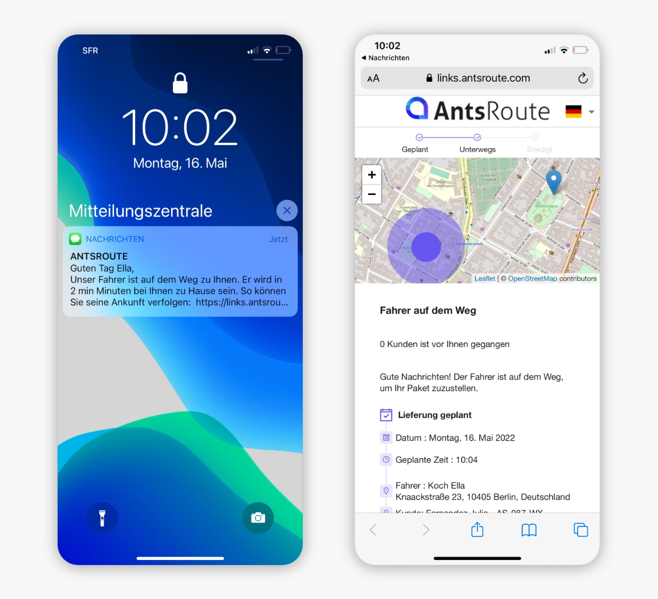 mit AntsRoute gesendete SMS mit einem Link zur Verfolgung des Fahrers