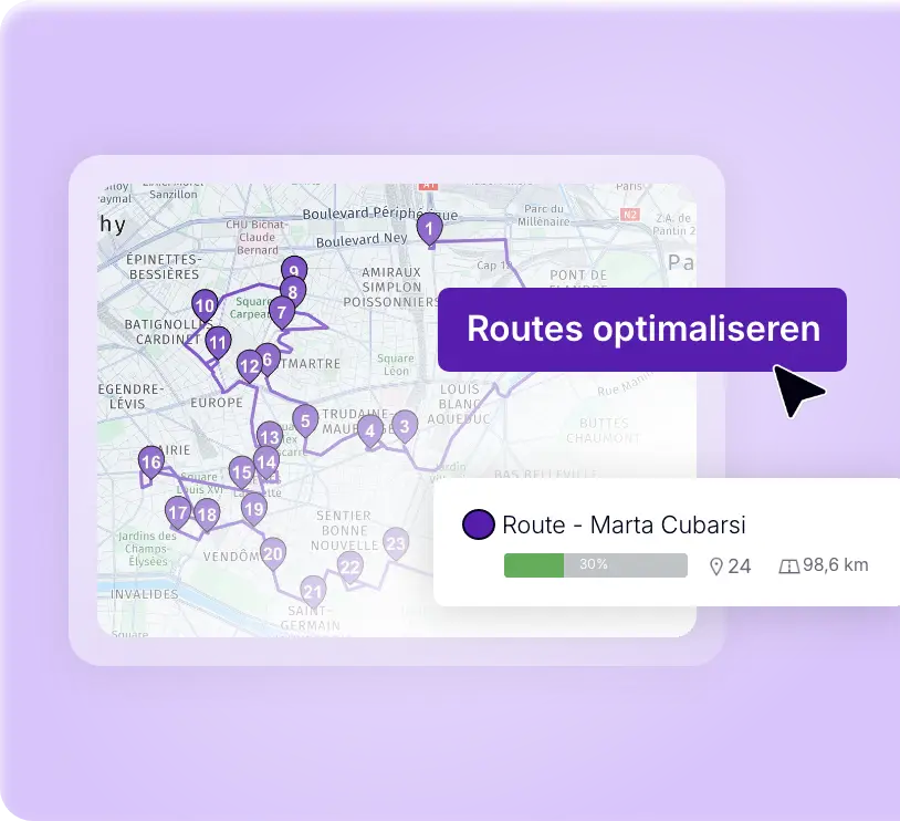 Kaart met een geoptimaliseerde bezorgroute in AntsRoute
