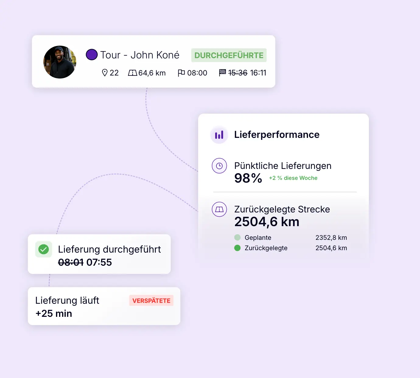 Analyse einer abgeschlossenen Liefertour mit 98 % pünktlichen Lieferungen und Vergleich von geplanter und zurückgelegter Strecke.