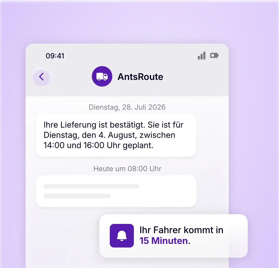 AntsRoute Benachrichtigung auf dem Smartphone informiert den Kunden über die bevorstehende Ankunft des Fahrers