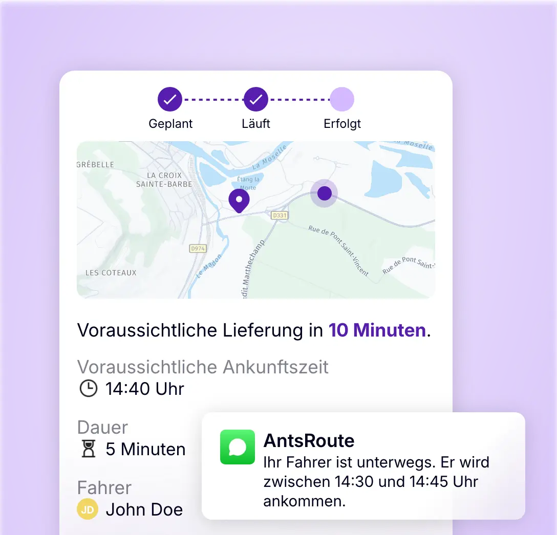 Sendungsverfolgung mit AntsRoute zeigt Kunden die voraussichtliche Ankunftszeit und den Standort des Fahrers