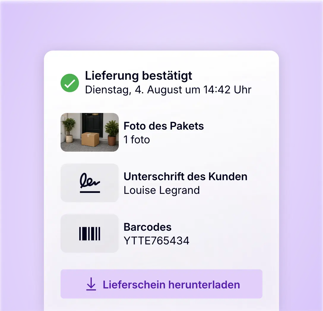 Digitaler Zustellnachweis in AntsRoute mit Paketfoto, Kundenunterschrift und Barcode nach erfolgreicher Lieferung