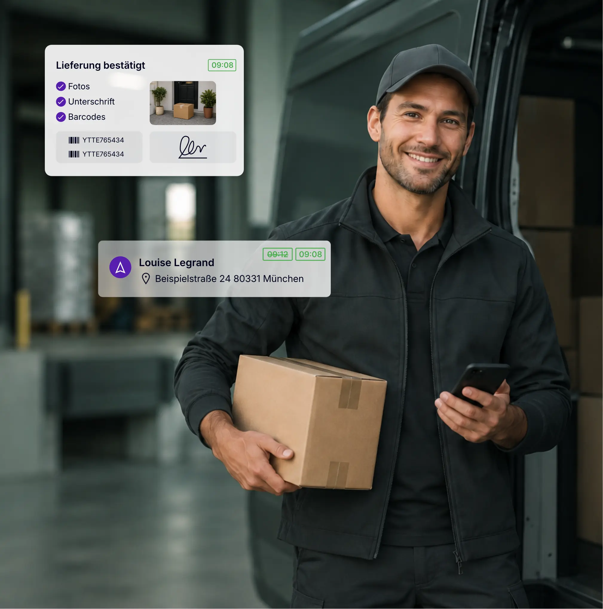 Fahrer bestätigt eine Lieferung mit AntsRoute per Foto, Unterschrift und Barcode-Scan.