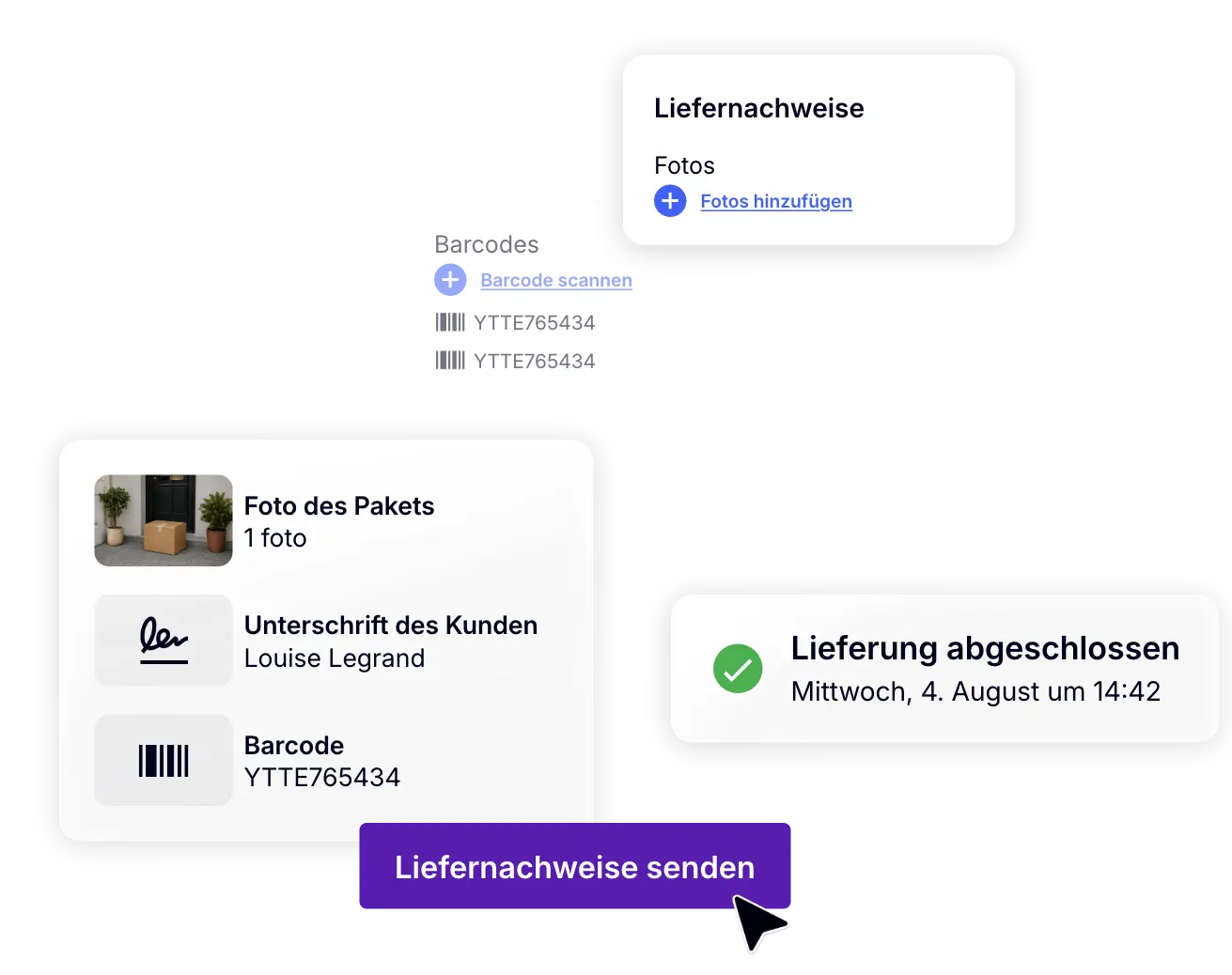 Digitaler Liefernachweis mit Foto, Kundenunterschrift und Barcode nach erfolgreicher Zustellung