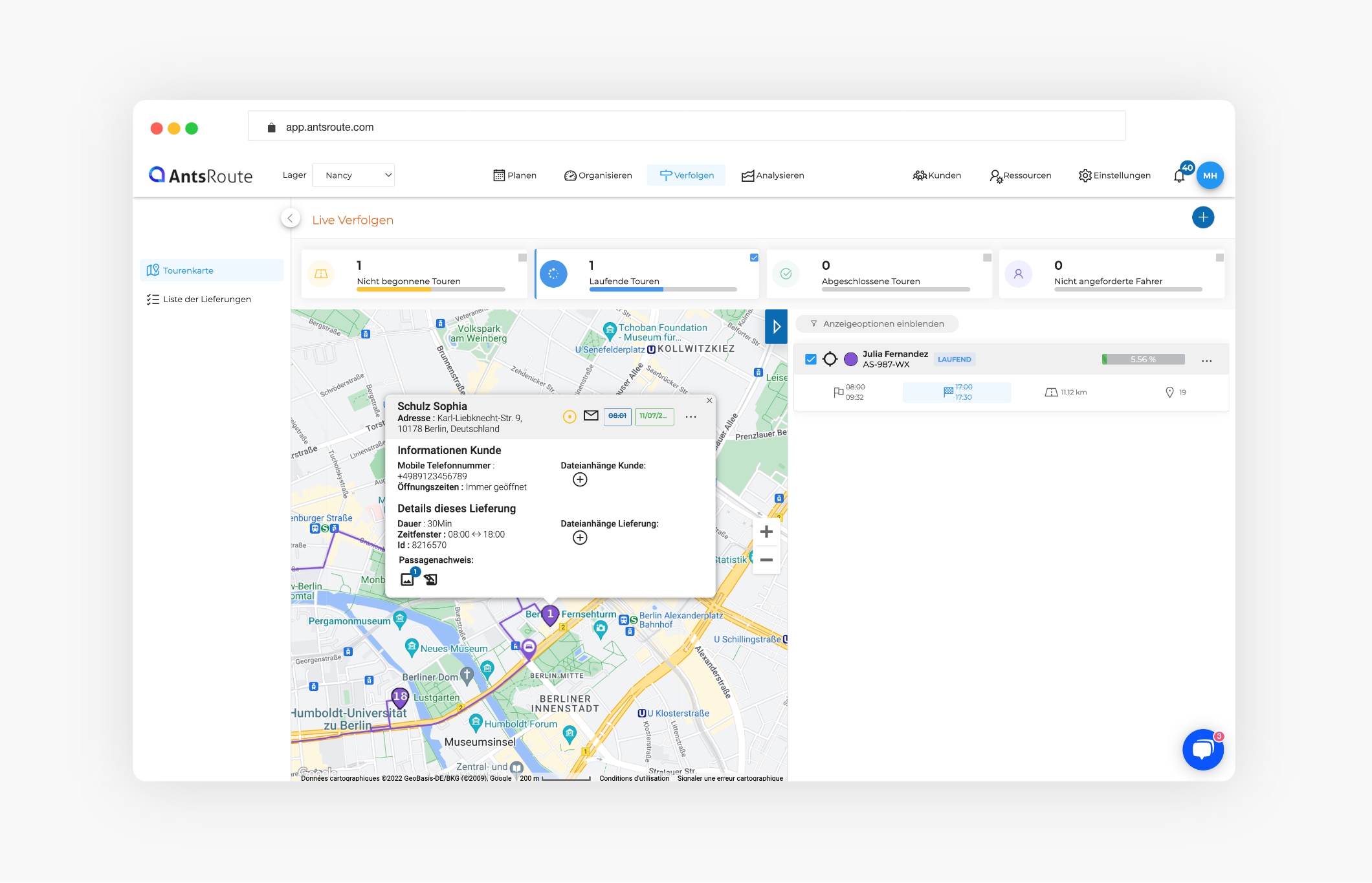 AntsRoute-Software zeigt eine Route auf einer Karte