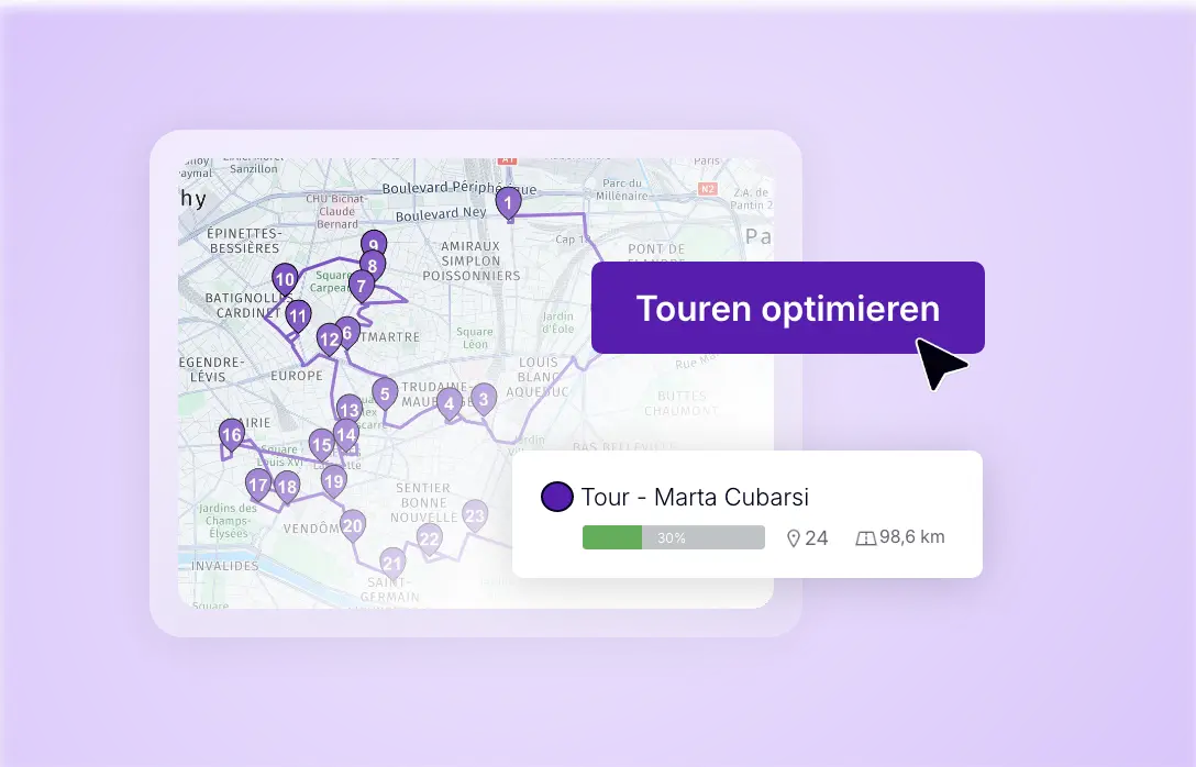 Erstellung einer optimierten Liefertour mit 24 Stopps auf einer Karte