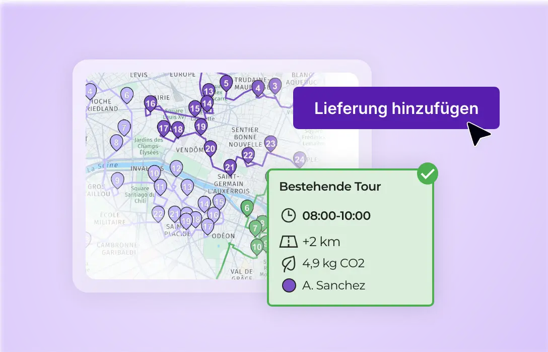 Hinzufügen einer Lieferung zu einer bestehenden Tour unter Berücksichtigung von Zeitfenster, Entfernung und CO₂-Emissionen