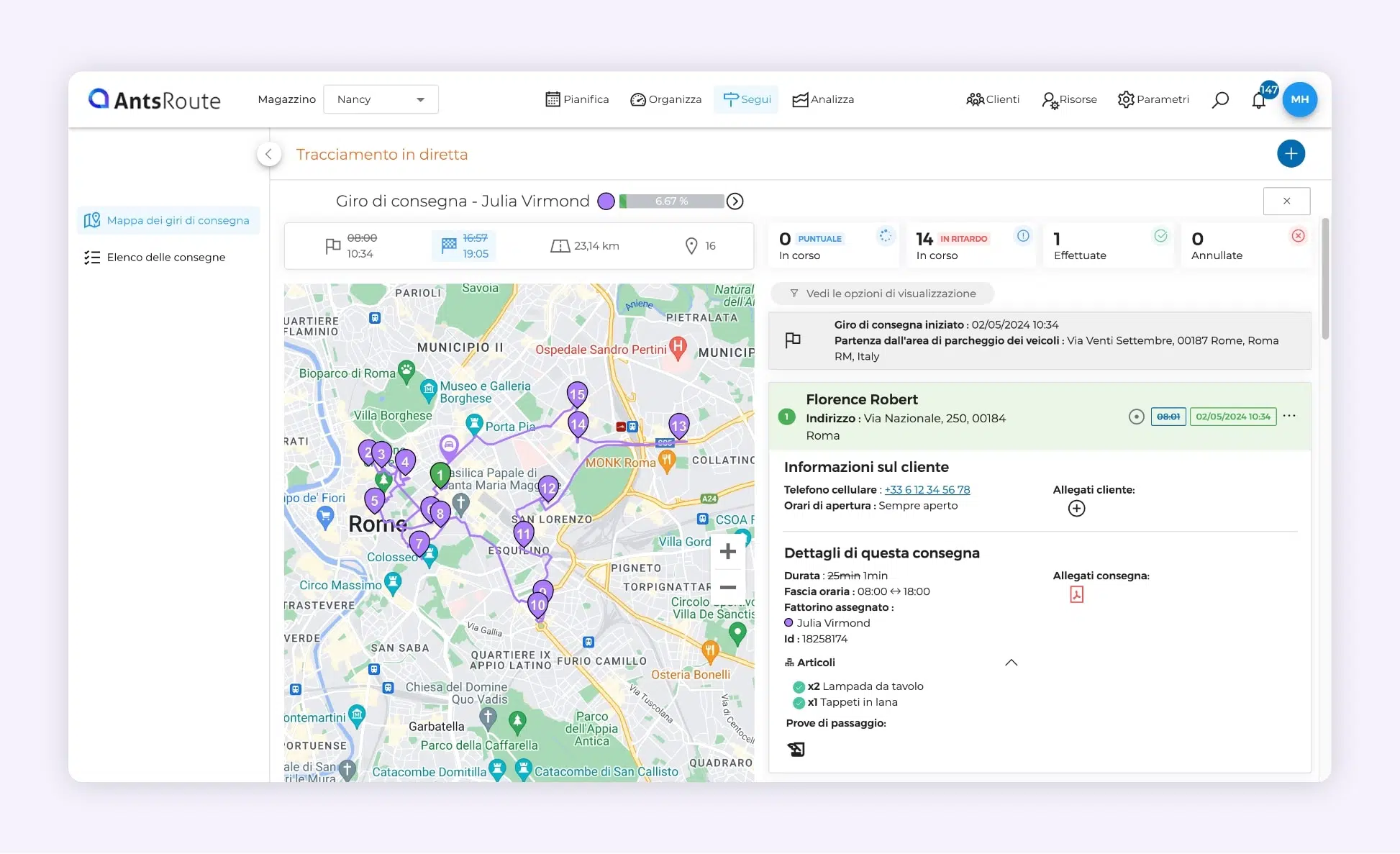 Il software di ottimizzazione dei percorsi AntsRoute mostra un percorso di consegna ottimizzato.