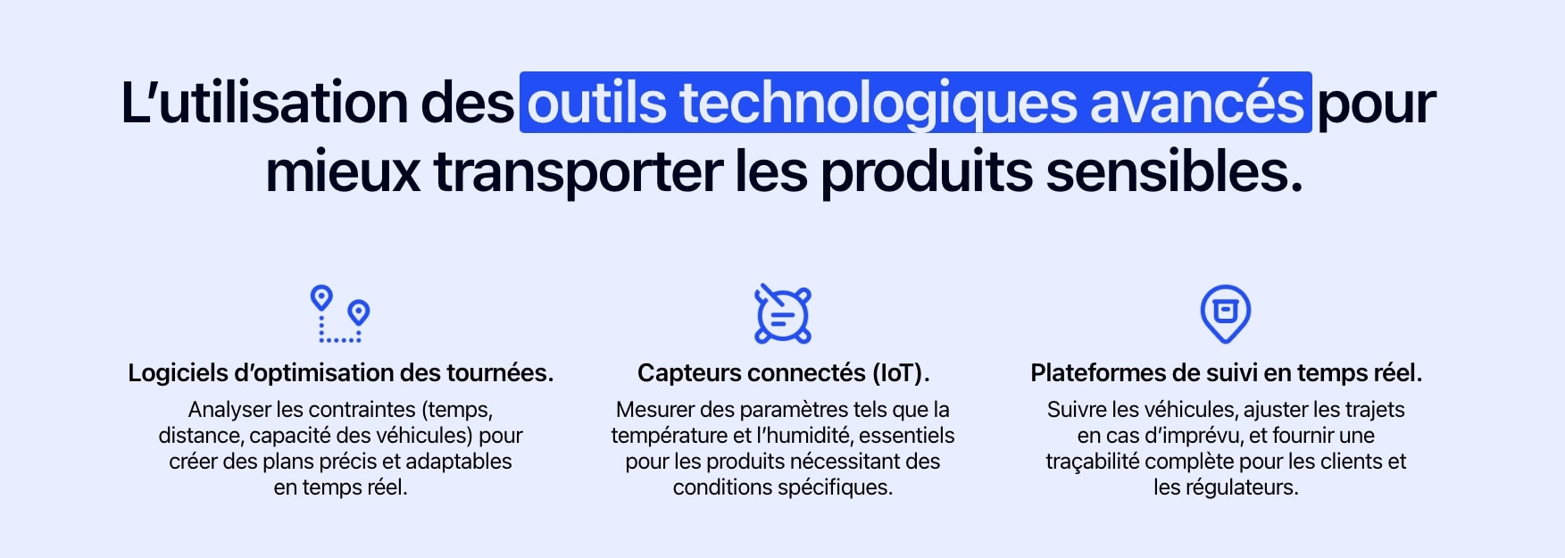 Schéma présentant trois outils technologiques avancés pour mieux transporter les produits sensibles.