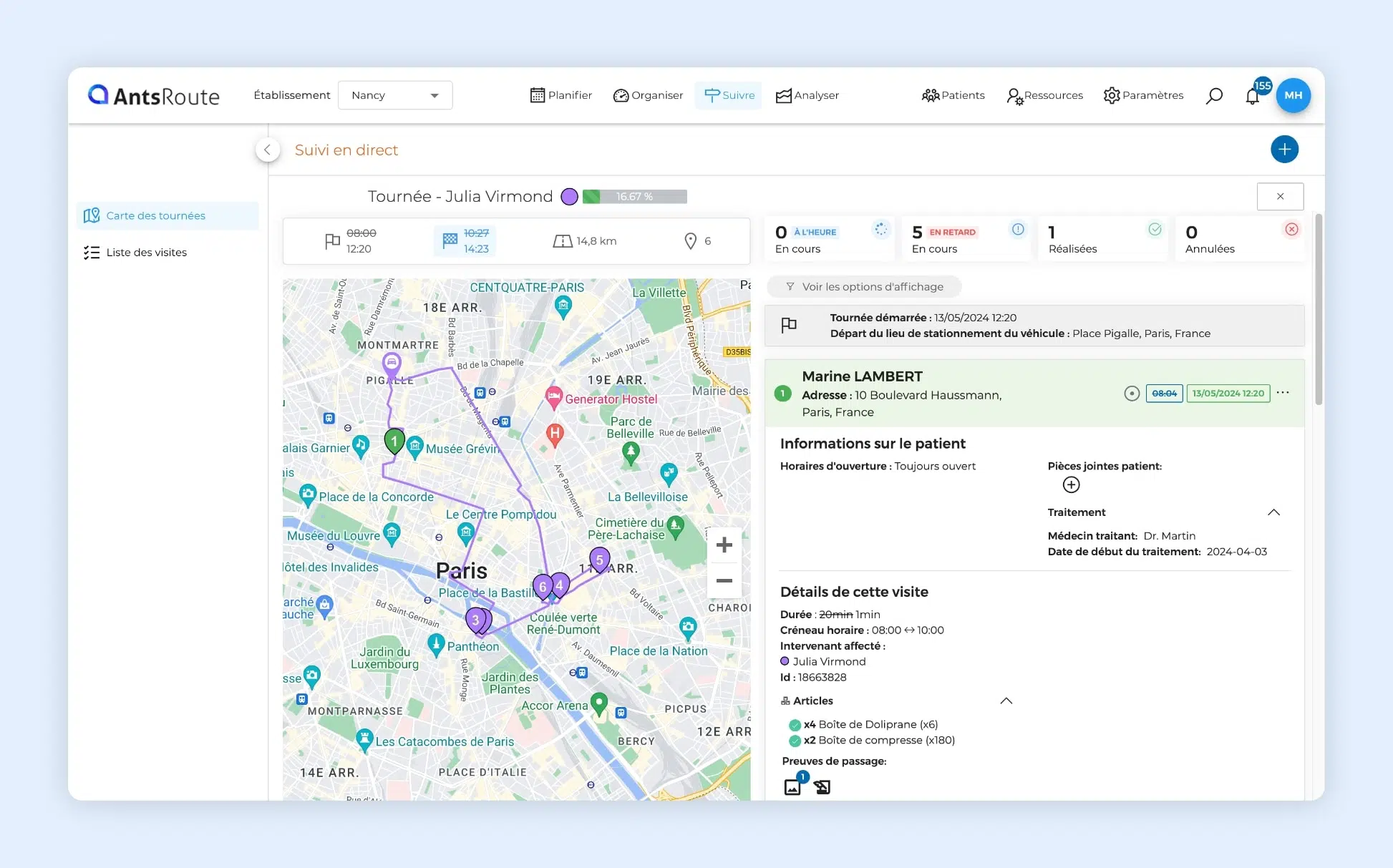 L'interface AntsRoute montrant le suivi d'une tournée de livraison.