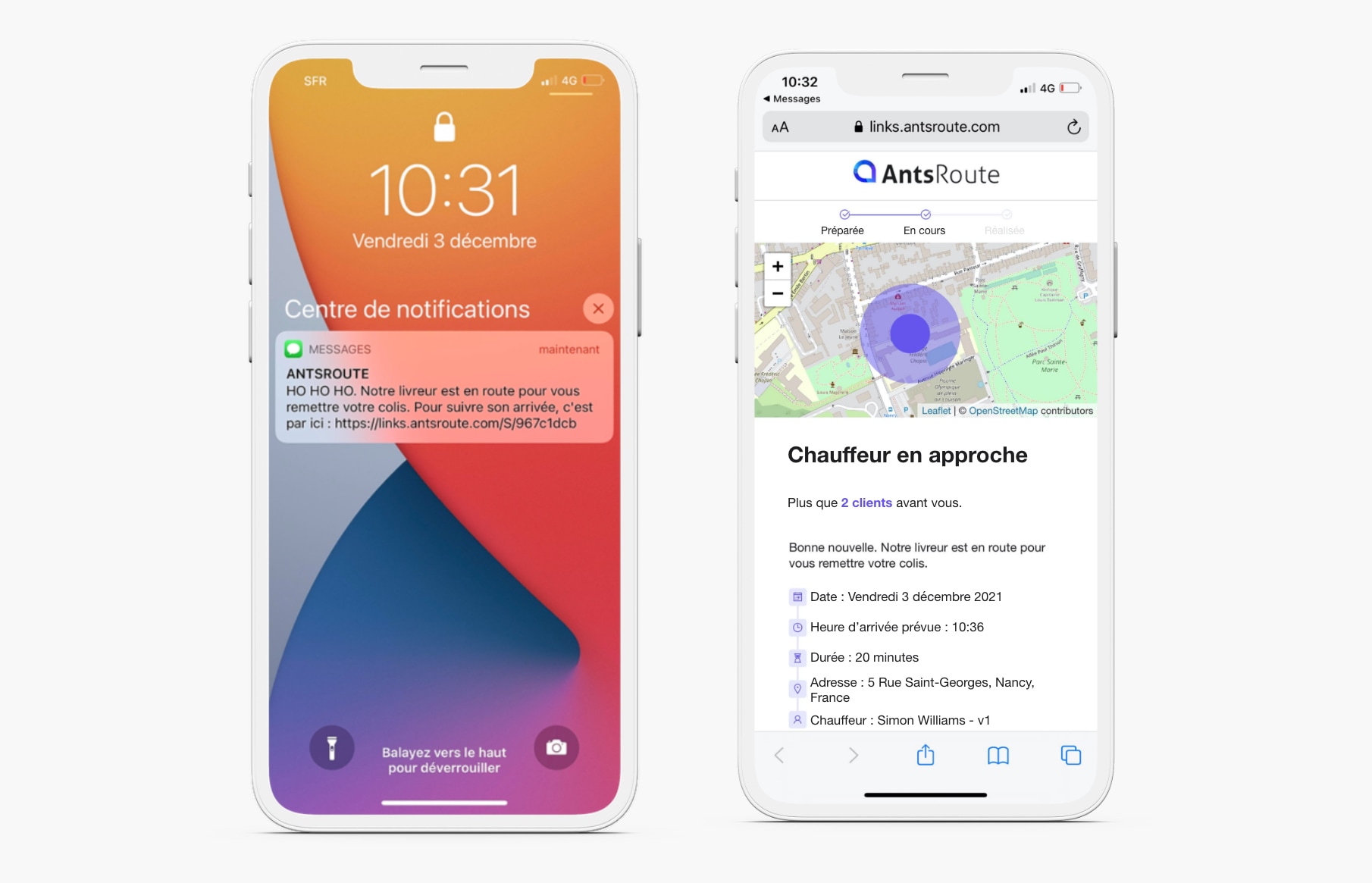sms indiquant l'arrivée d'un livreur envoyé par AntsRoute