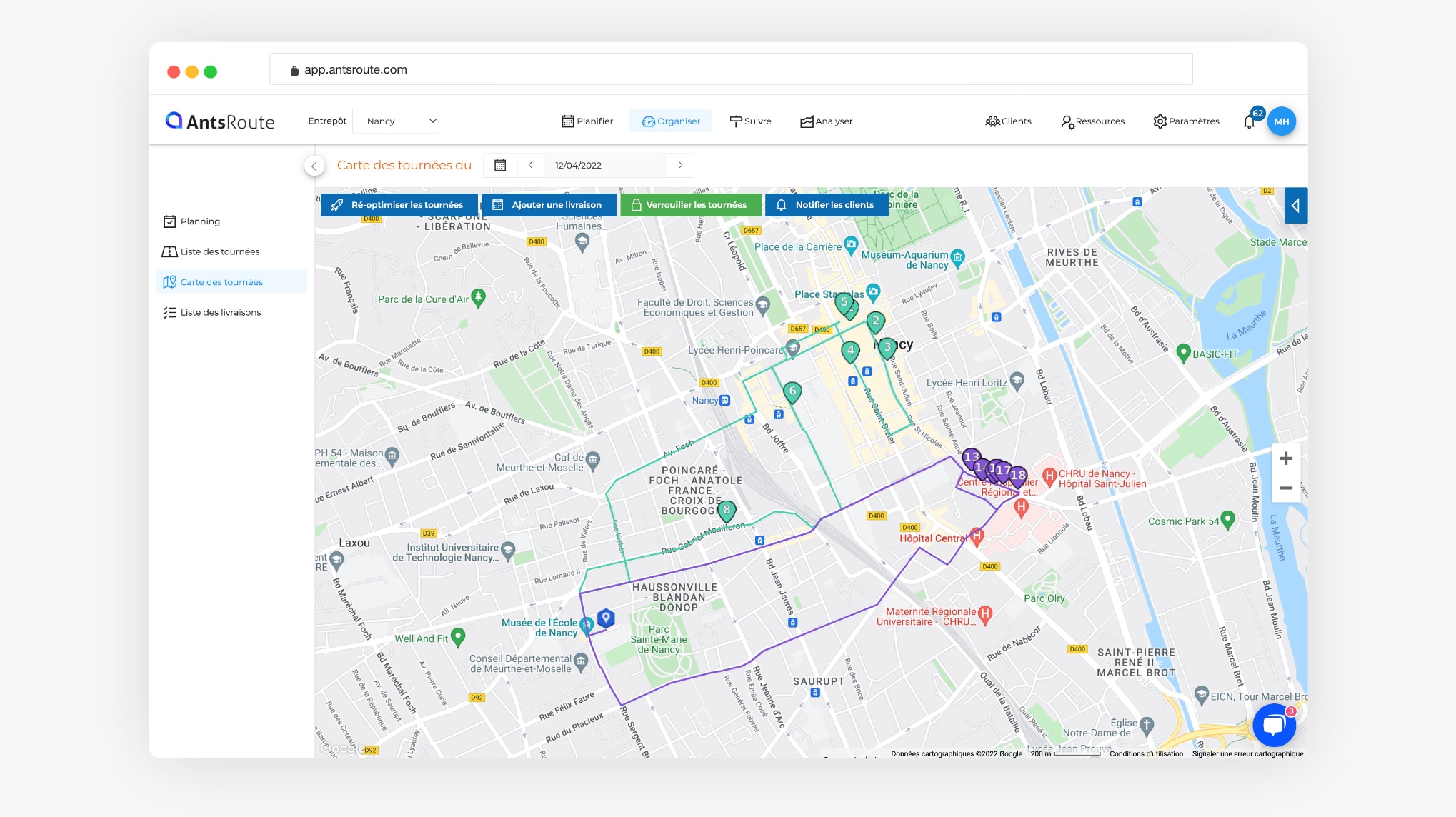 interface du logiciel AntsRoute montrant deux tournées sur une carte