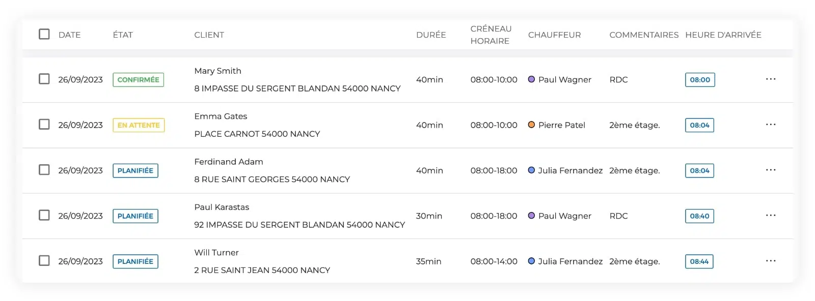 Liste des livraisons planifiées sur AntsRoute.