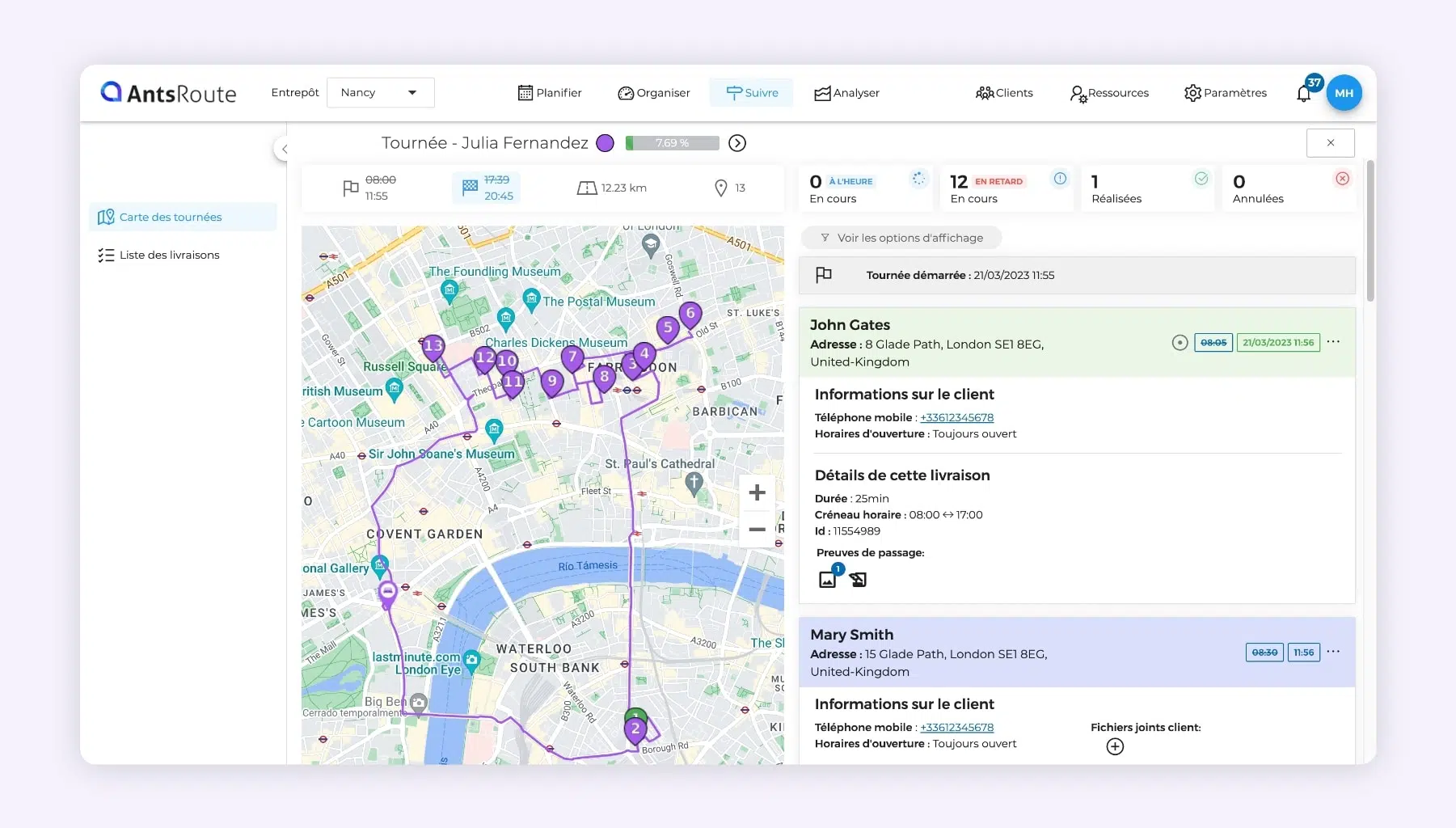 L’interface AntsRoute montrant une tournée en cours sur une carte.