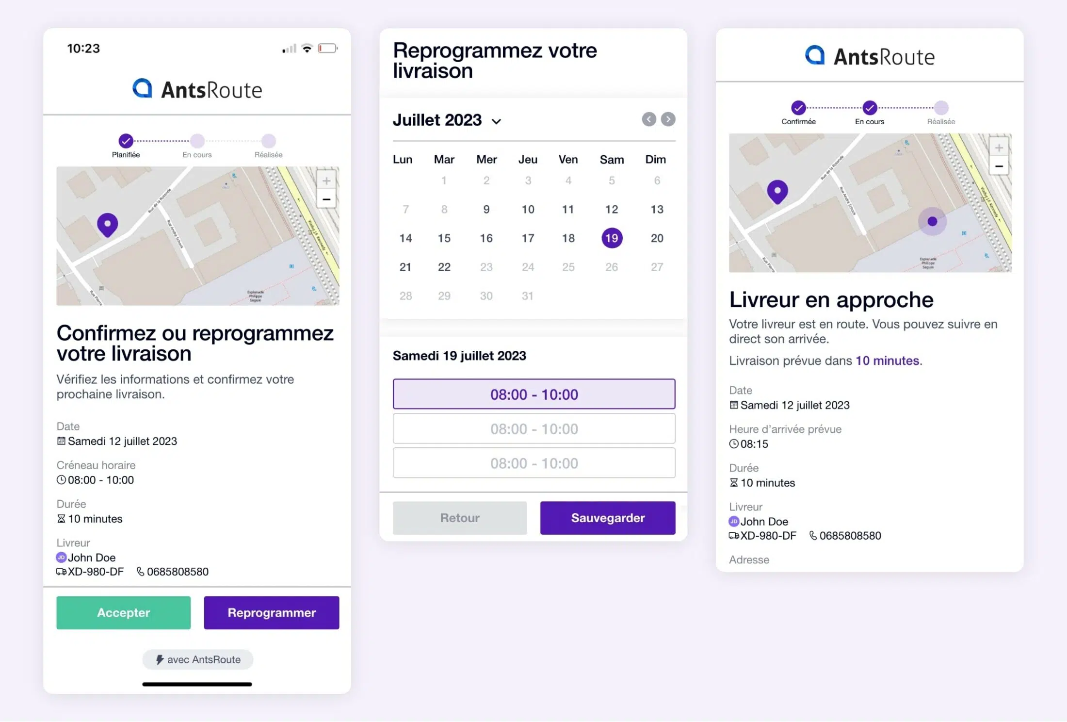 SMS envoyé via AntsRoute avec un lien pour reprogrammer une livraison.