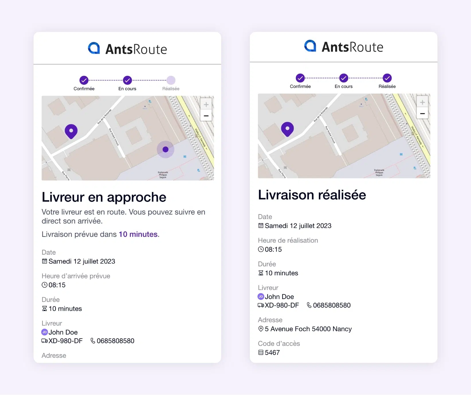 L'envoi au client d'un lien de geotracking du chauffeurs-livreurs avec le logiciel AntsRoute..