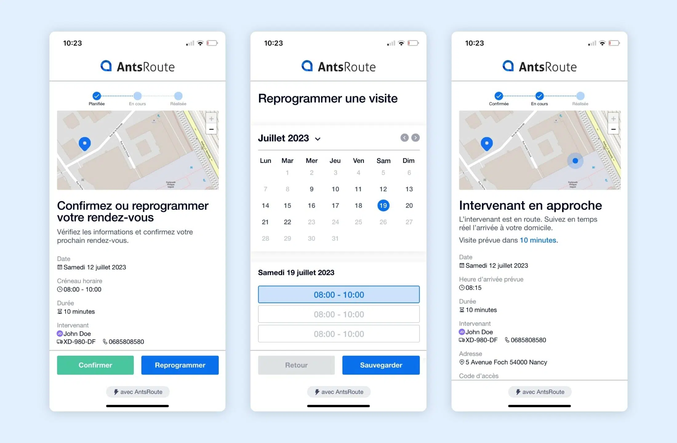 Lien AntsRoute permettant aux patients de reprogrammer un rendez-vous à domicile.