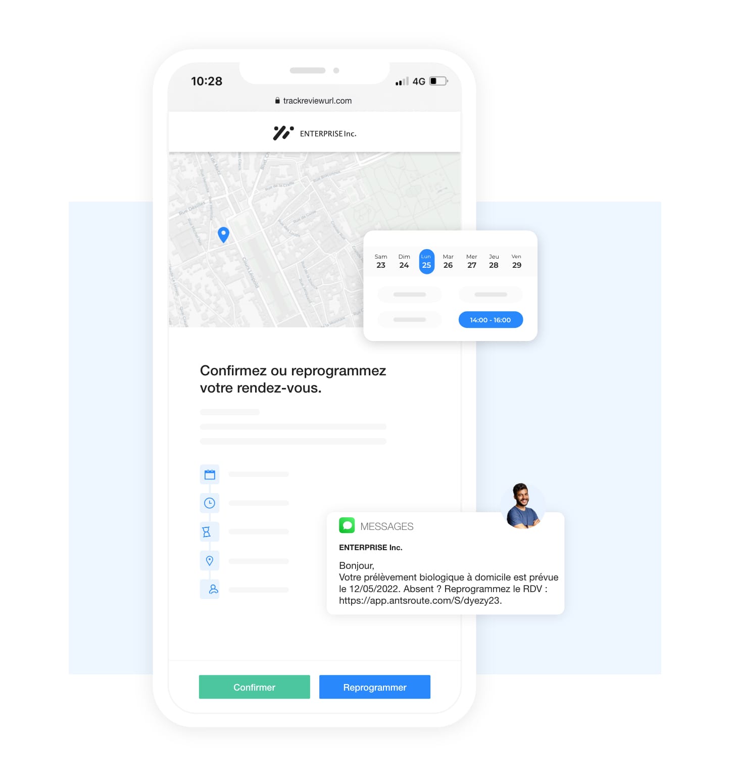 Notification AntsRoute montrant la reprogrammation d'un rendez-vous