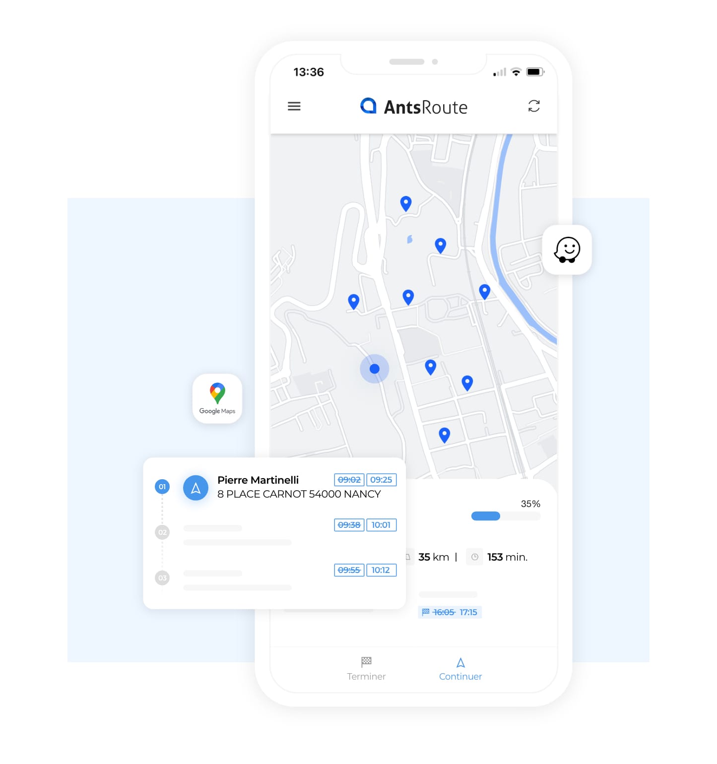Application mobile AntsRoute montrant une tournée sur une carte