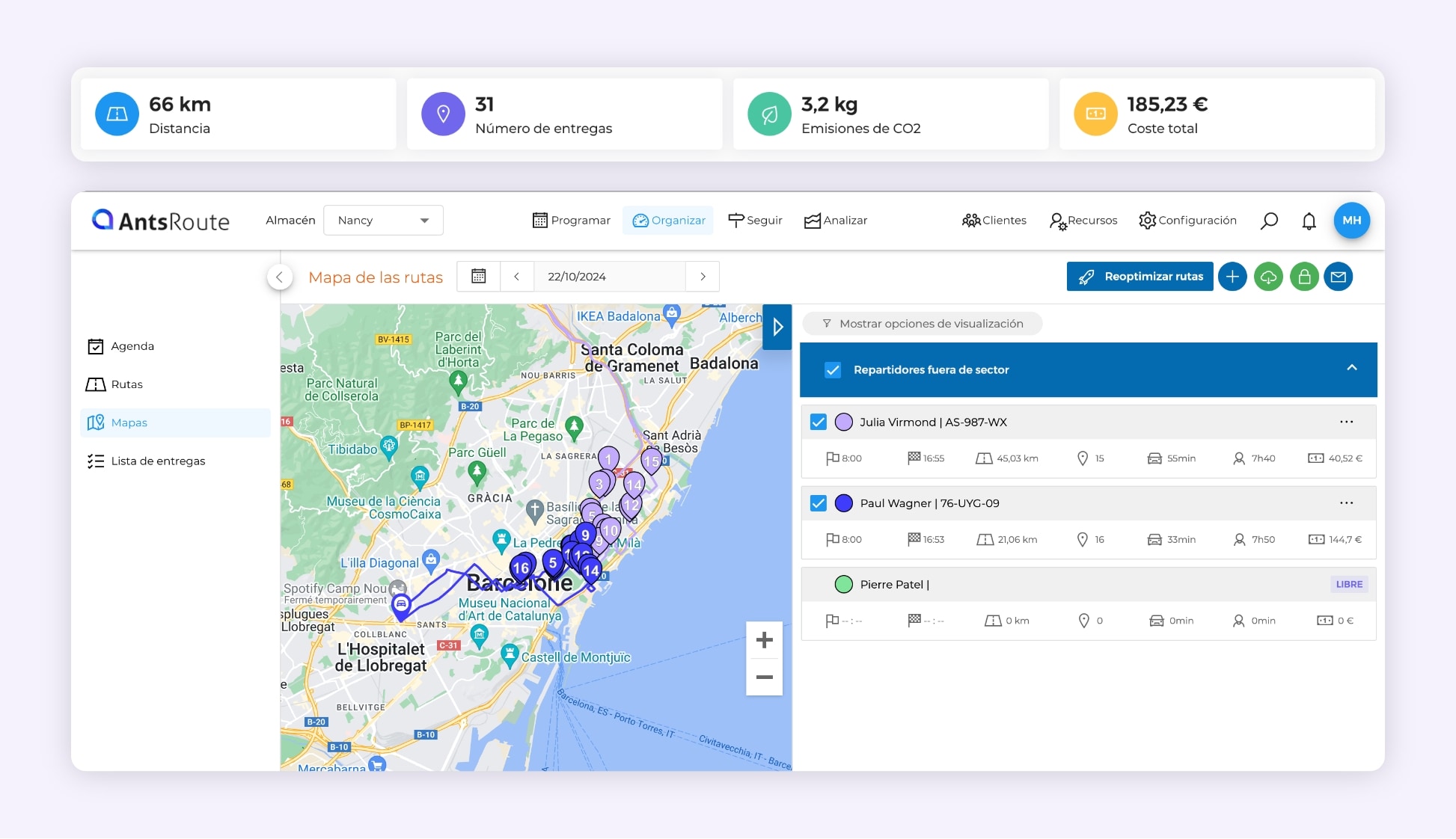 La interfaz de AntsRoute muestra la optimización de dos rutas de entrega en Barcelona. 