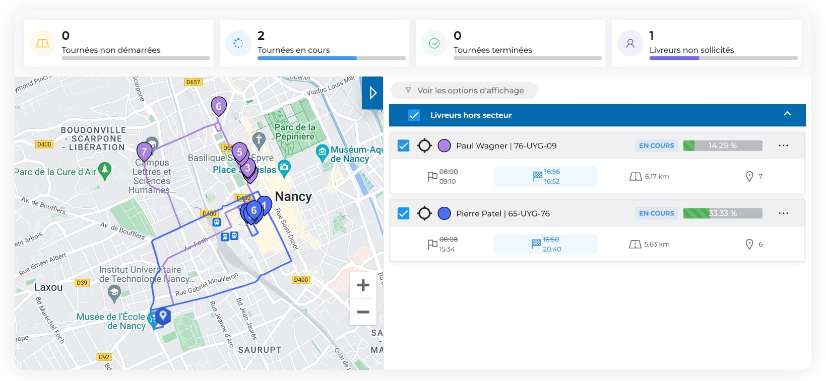 L'interface AntsRoute montrant le suivi d'exécution de deux tournées de livraison en zone urbaine..