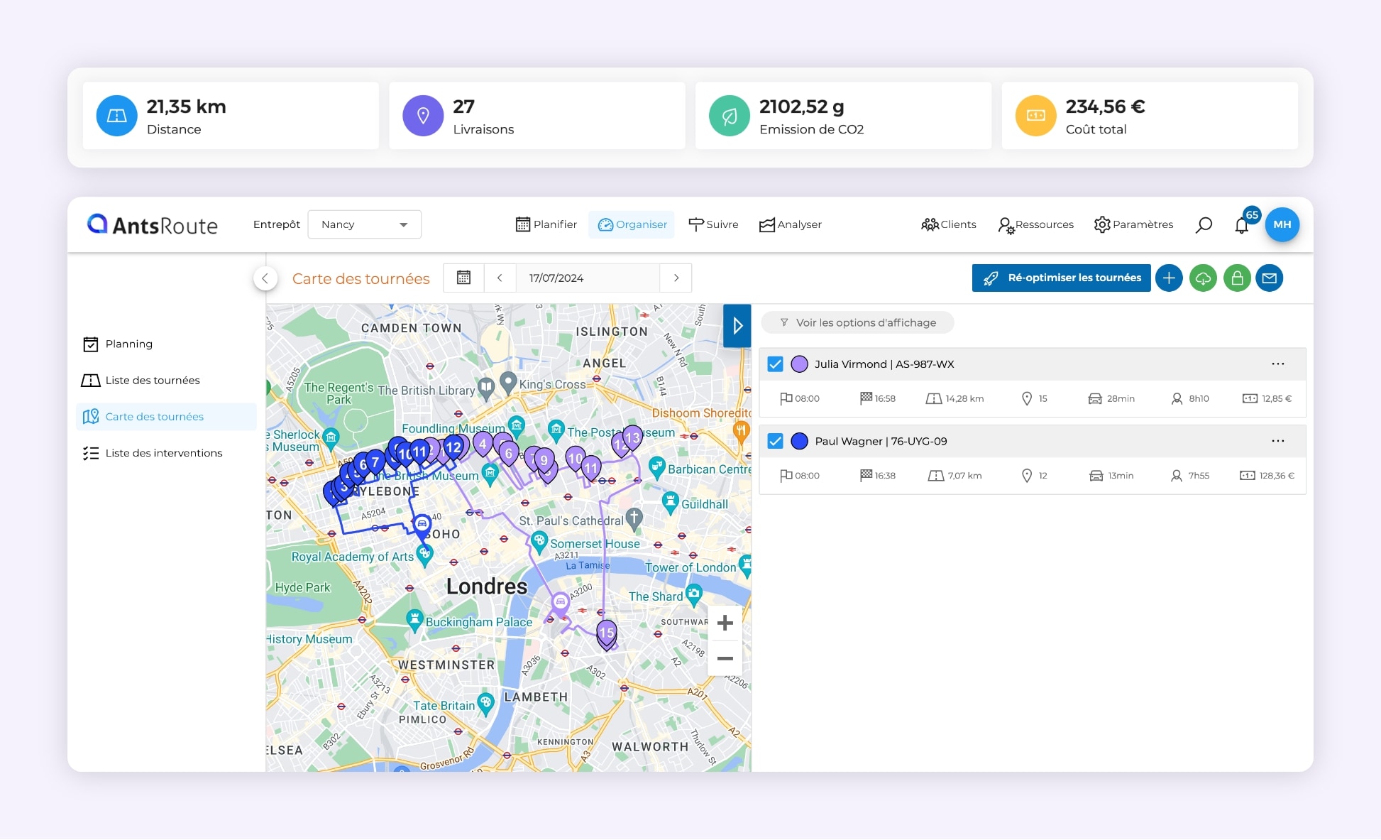 La plateforme AntsRoute montrant deux tournées de livraisons optimisées.