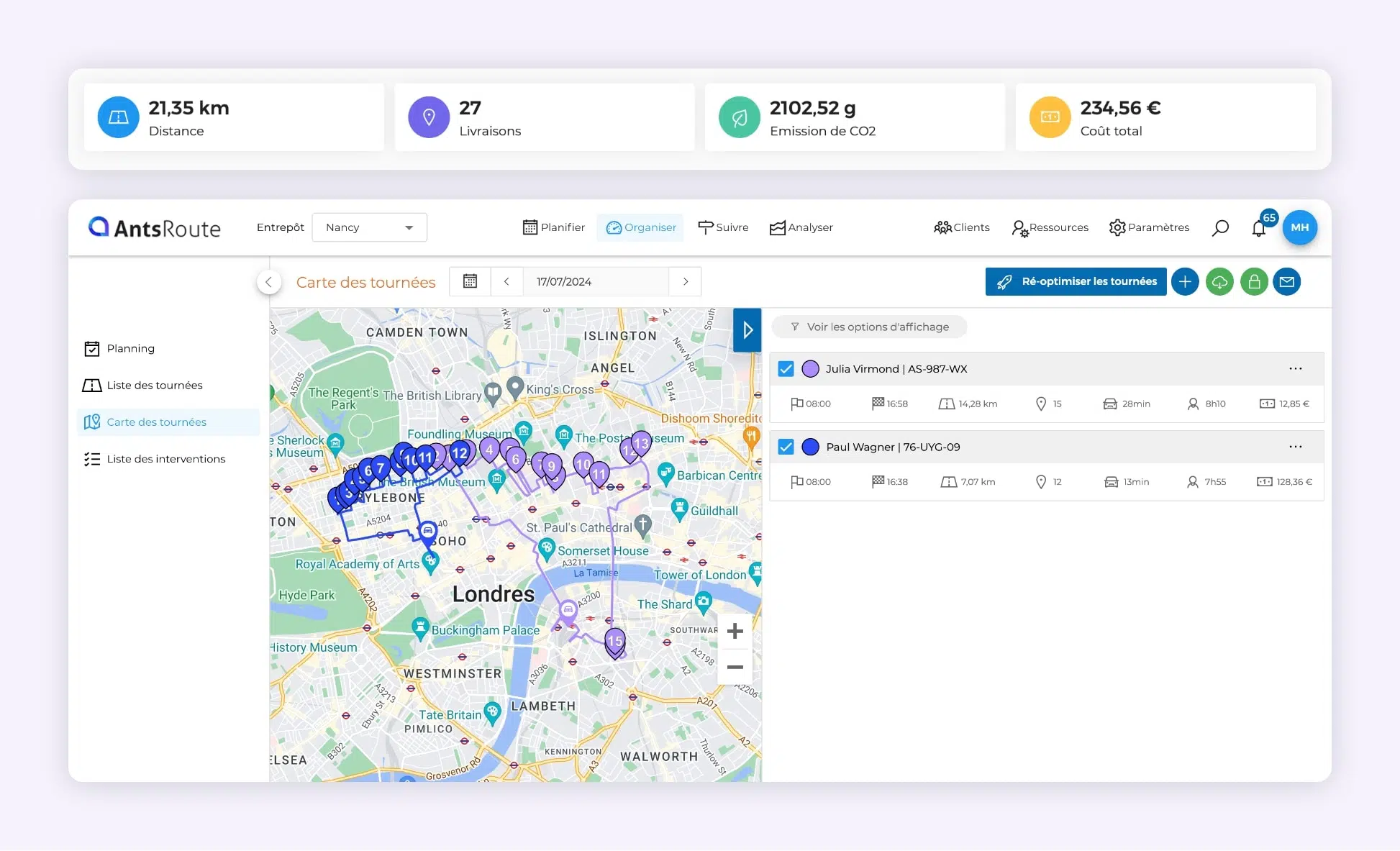 La plateforme AntsRoute montrant deux tournées de livraisons optimisées.