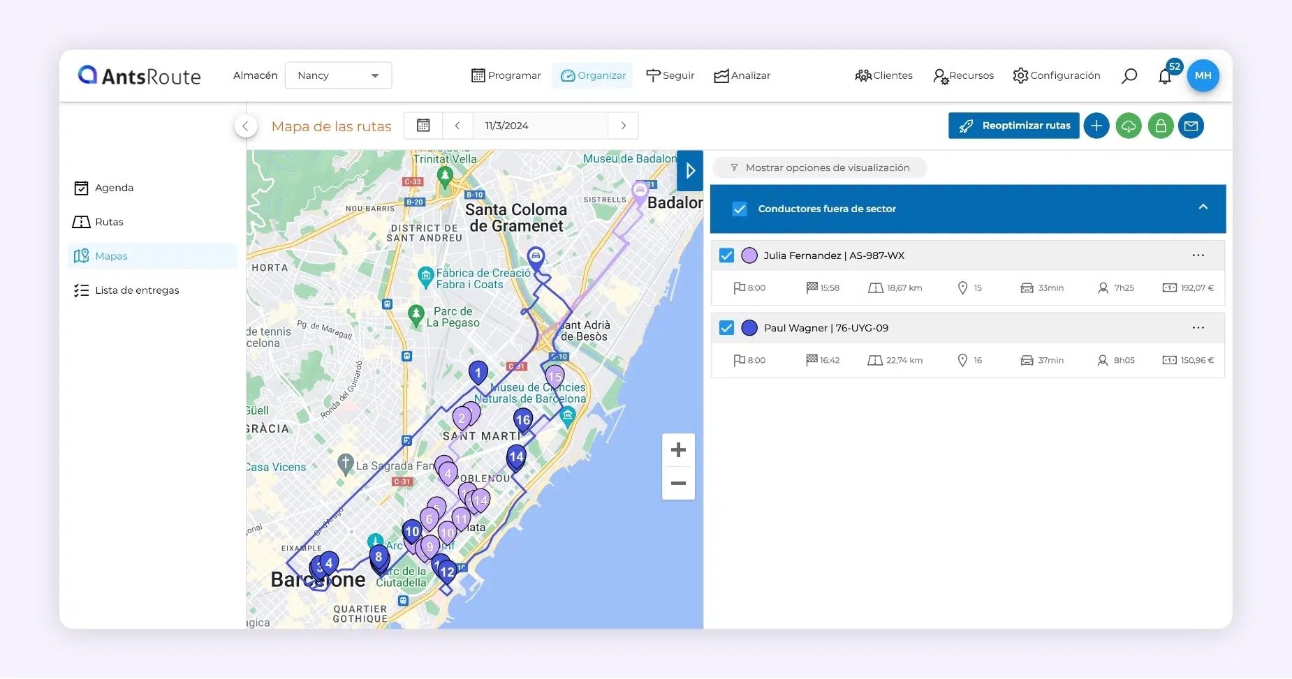 La interfaz de AntsRoute muestra dos rutas de entrega optimizadas.
