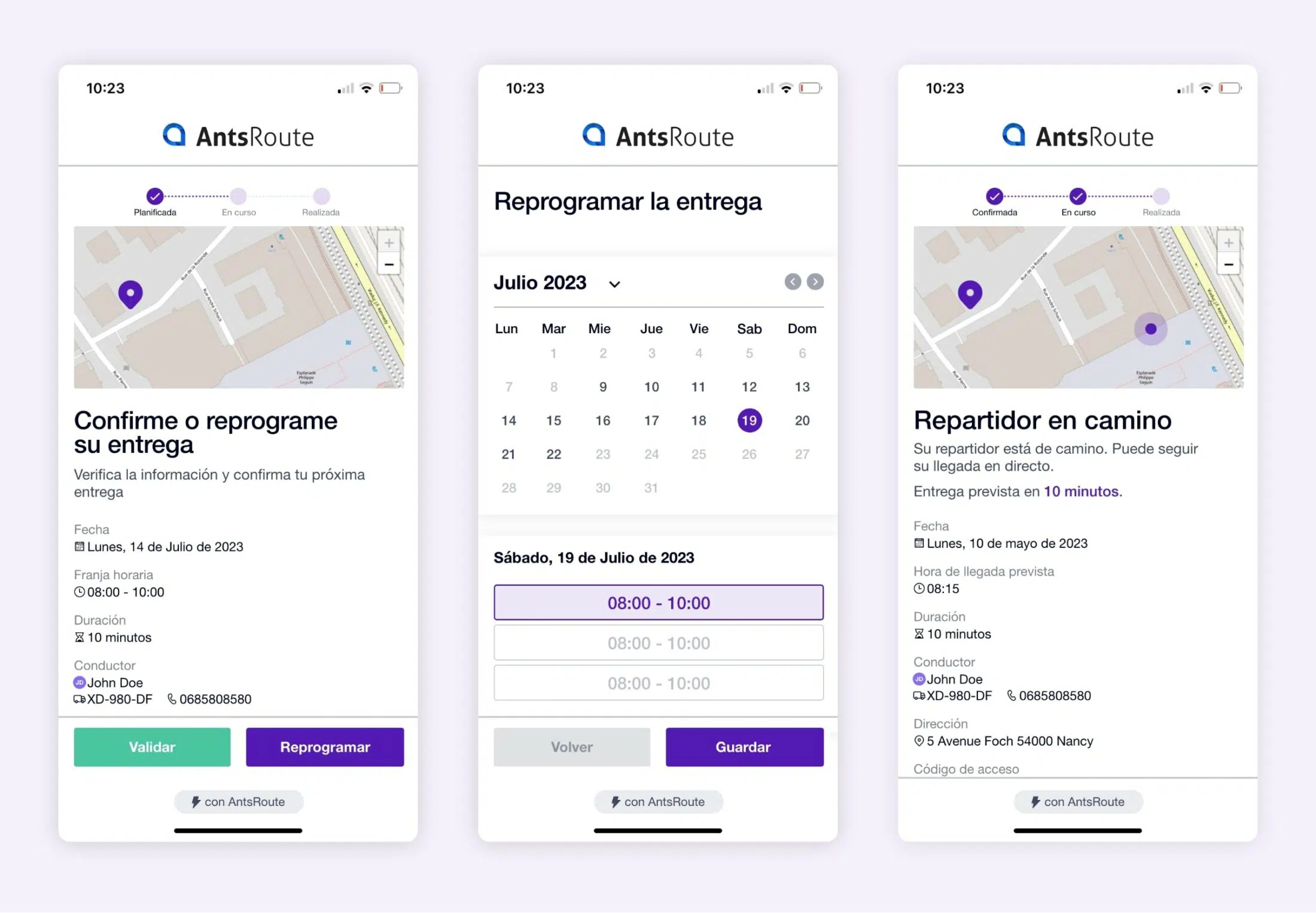 Enlaces de AntsRoute que muestran la reprogramación de una entrega y el seguimiento de un repartidor.