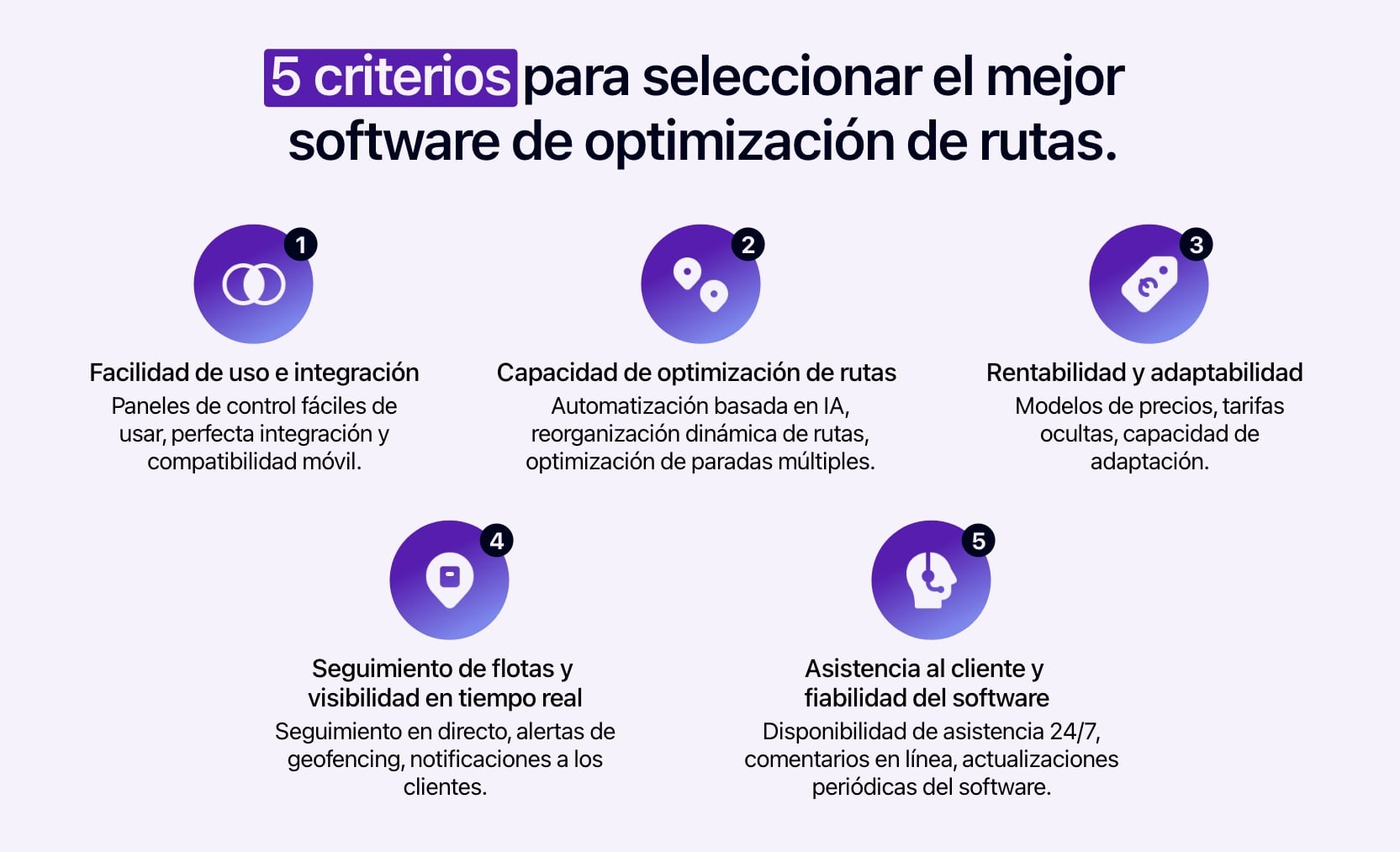 Diagrama que muestra los 5 criterios para seleccionar el mejor software de optimización de rutas.