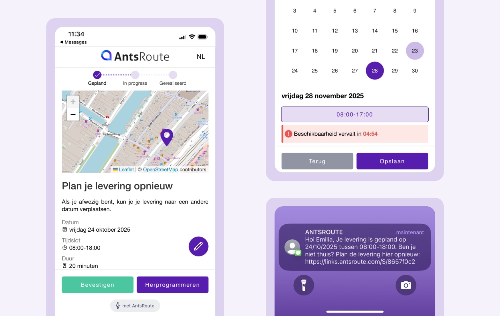 Voorbeeld van een leveringsmelding die via AntsRoute is verzonden, met een link waarmee de klant de levering kan bevestigen of opnieuw plannen.