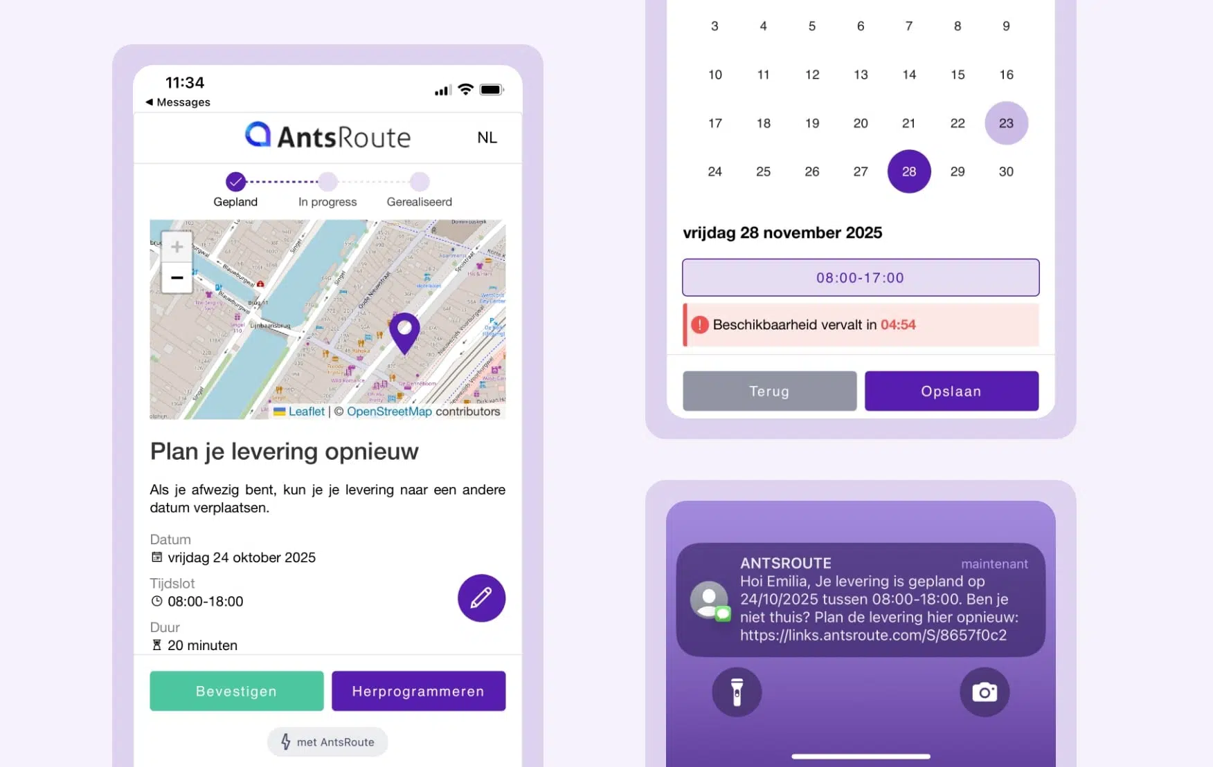 Voorbeeld van een leveringsmelding die via AntsRoute is verzonden, met een link waarmee de klant de levering kan bevestigen of opnieuw plannen.