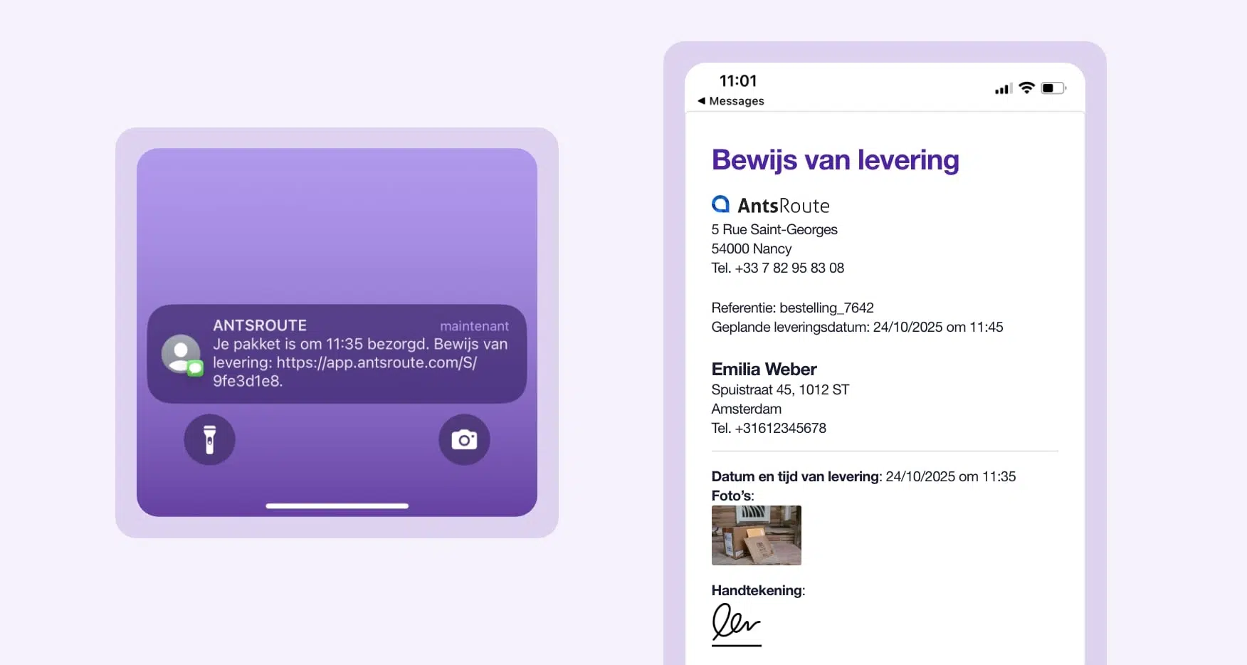 Voorbeeld van een leveringsmelding met een link om het leveringsbewijs te downloaden, verzonden via AntsRoute.