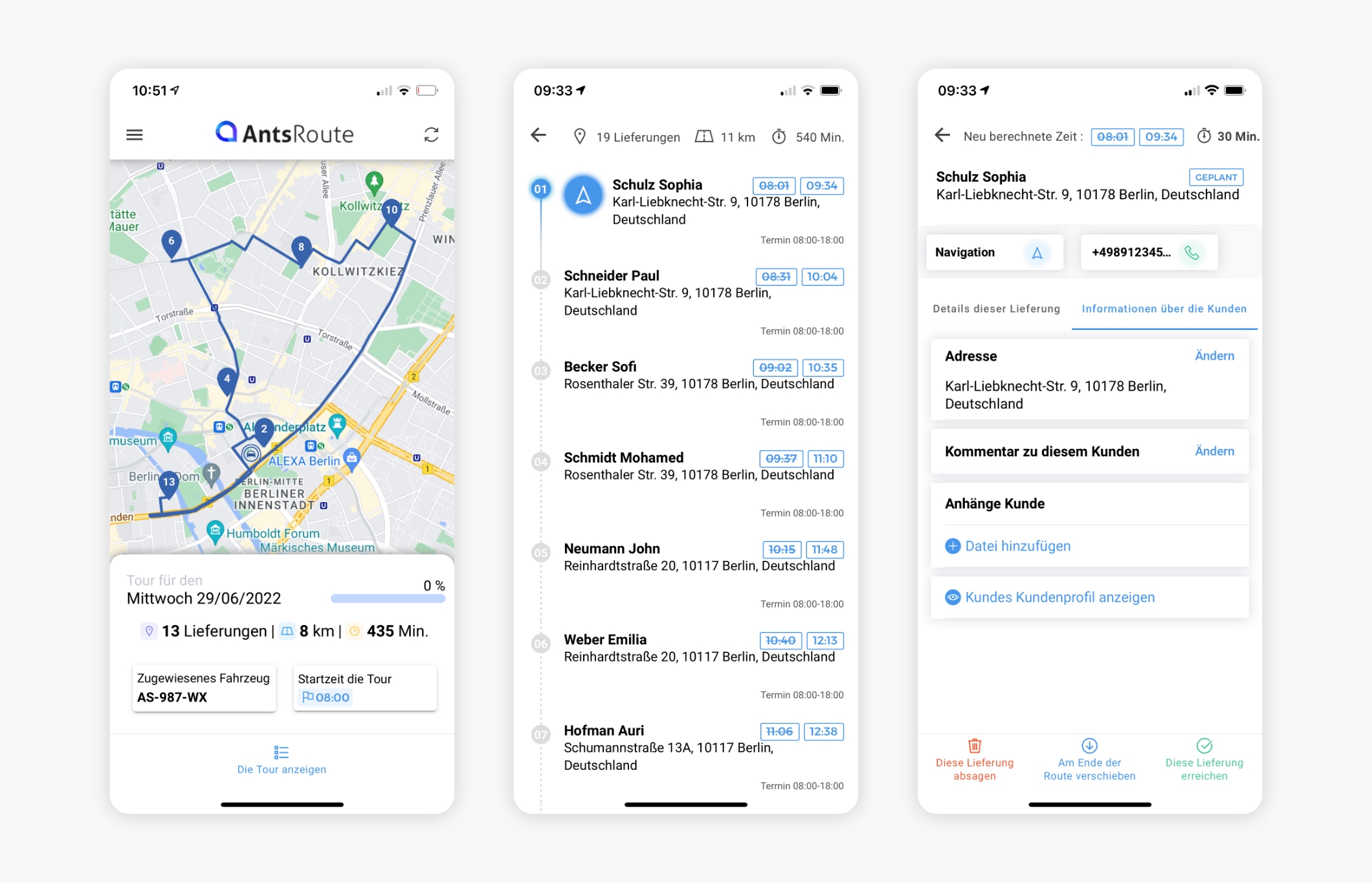 Die mobile App AntsRoute zeigt eine Route auf einer Karte und eine Liste von Arbeitsaufträgen