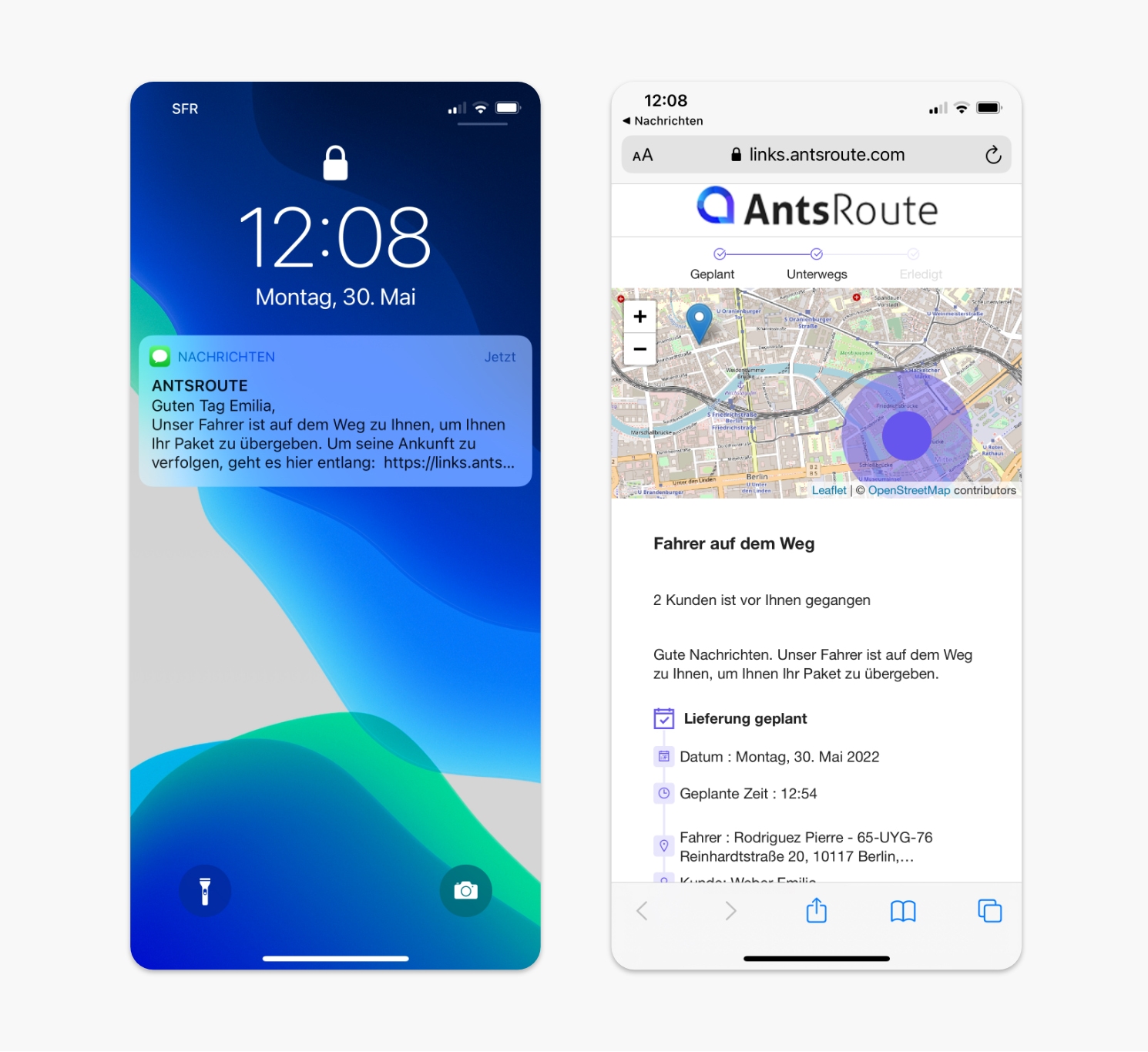 mit AntsRoute gesendete SMS, die die Ankunft eines Lieferfahrers anzeigt