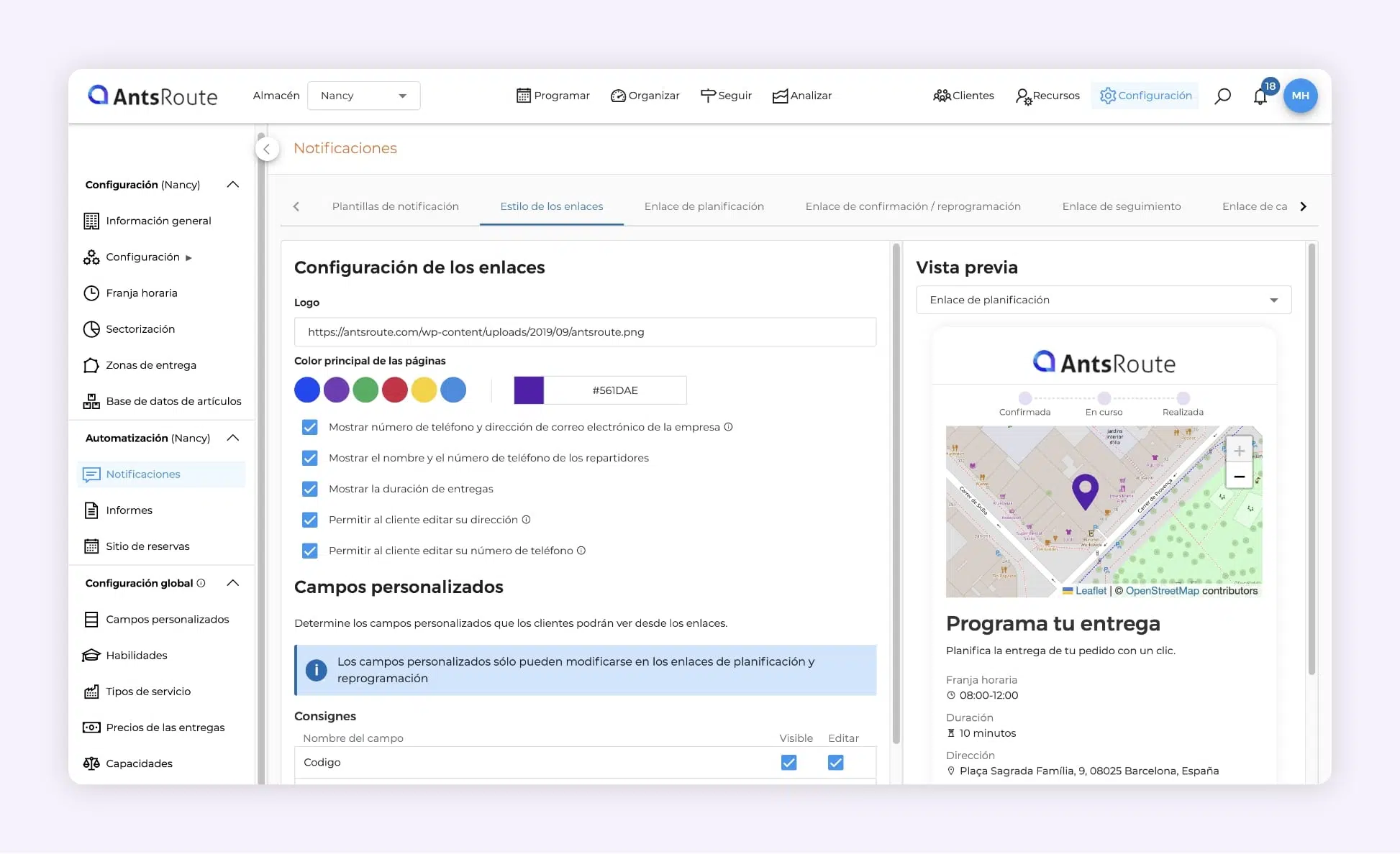 Captura de pantalla de AntsRoute mostrando el editor de las páginas de seguimiento de entrega y la pantalla de confirmación/reprogramación, con ajustes de logo, colores, mensajes y campos del cliente.