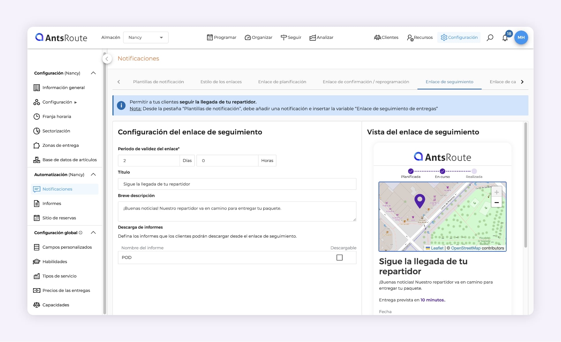 AntsRoute: pantalla de configuración del enlace de seguimiento del paquete — personalización del título/descripción y duración de validez del enlace.
