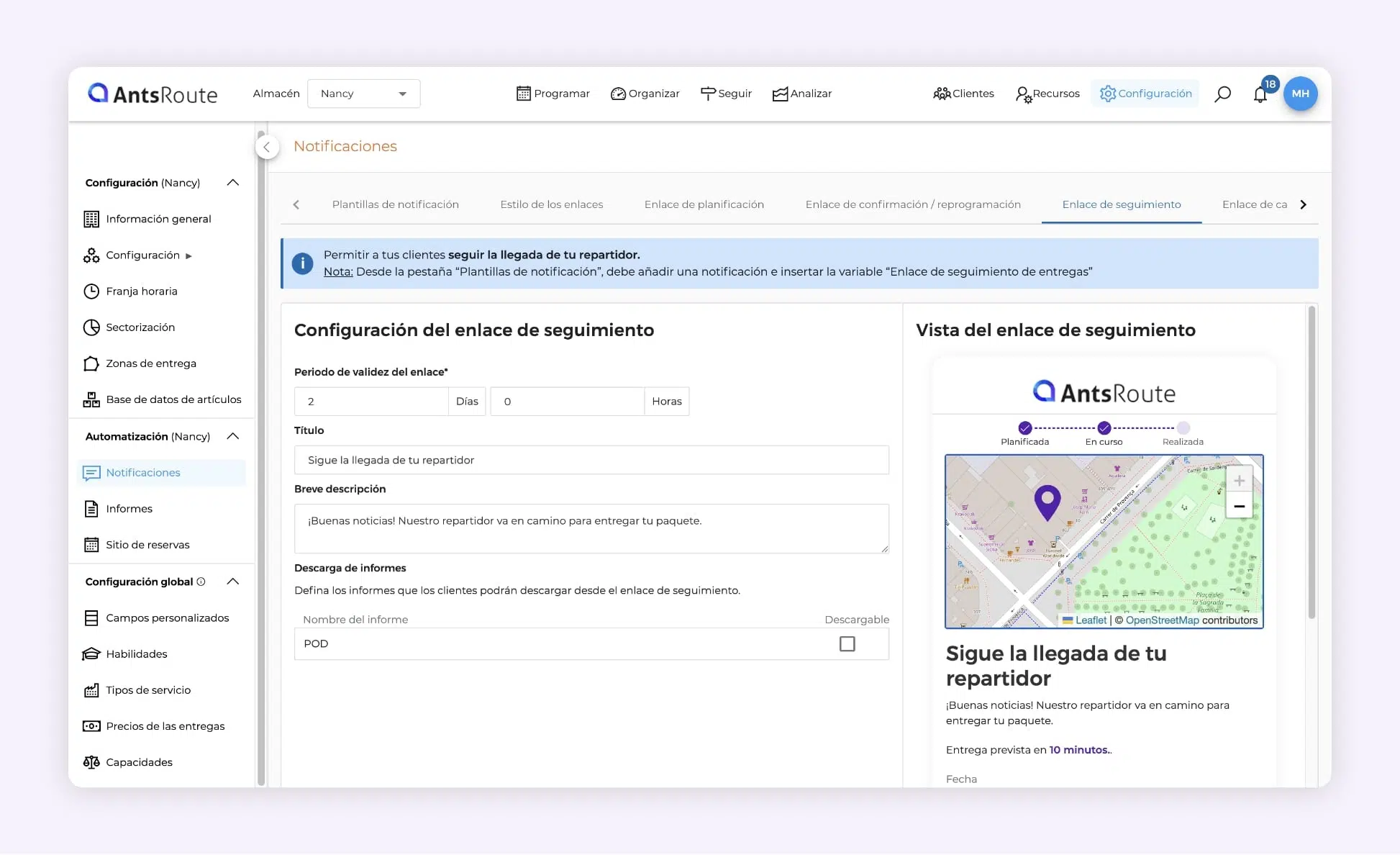 AntsRoute: pantalla de configuración del enlace de seguimiento del paquete — personalización del título/descripción y duración de validez del enlace.
