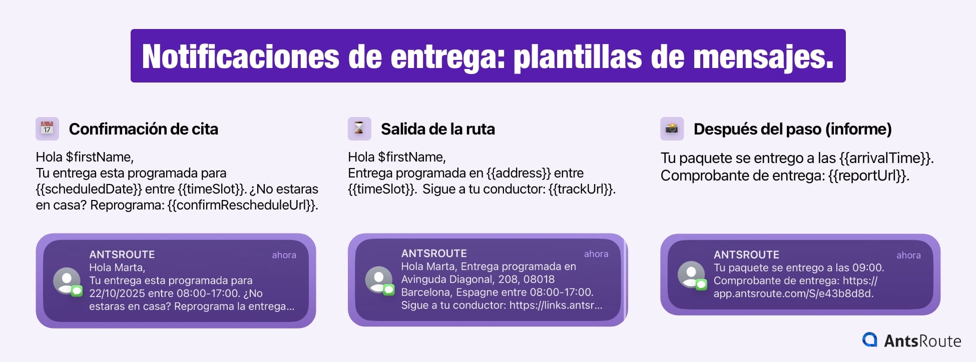 Tres modelos de notificación enviados con AntsRoute: confirmación de cita, inicio de ruta y post-visita del repartidor.