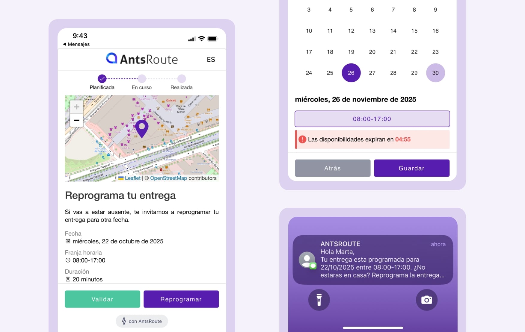Modelo de notificación de entrega enviada con AntsRoute con un enlace que permite al cliente confirmar o reprogramar su entrega.