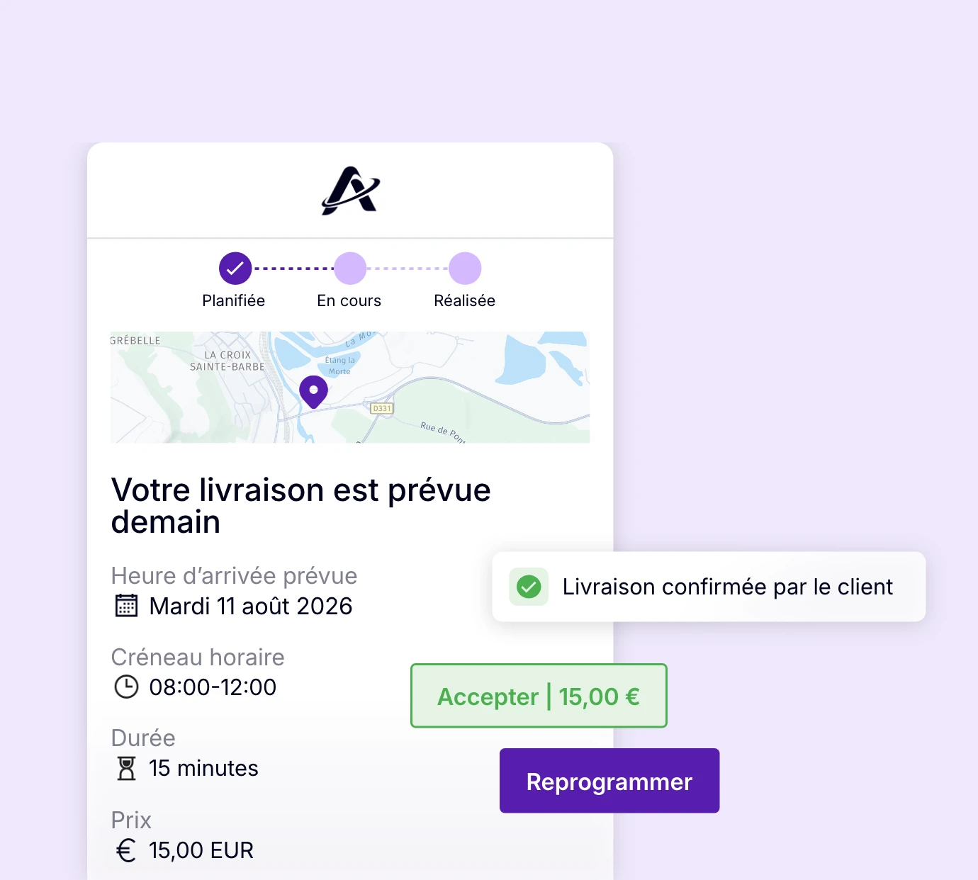 Portail client permettant de confirmer ou reprogrammer une livraison