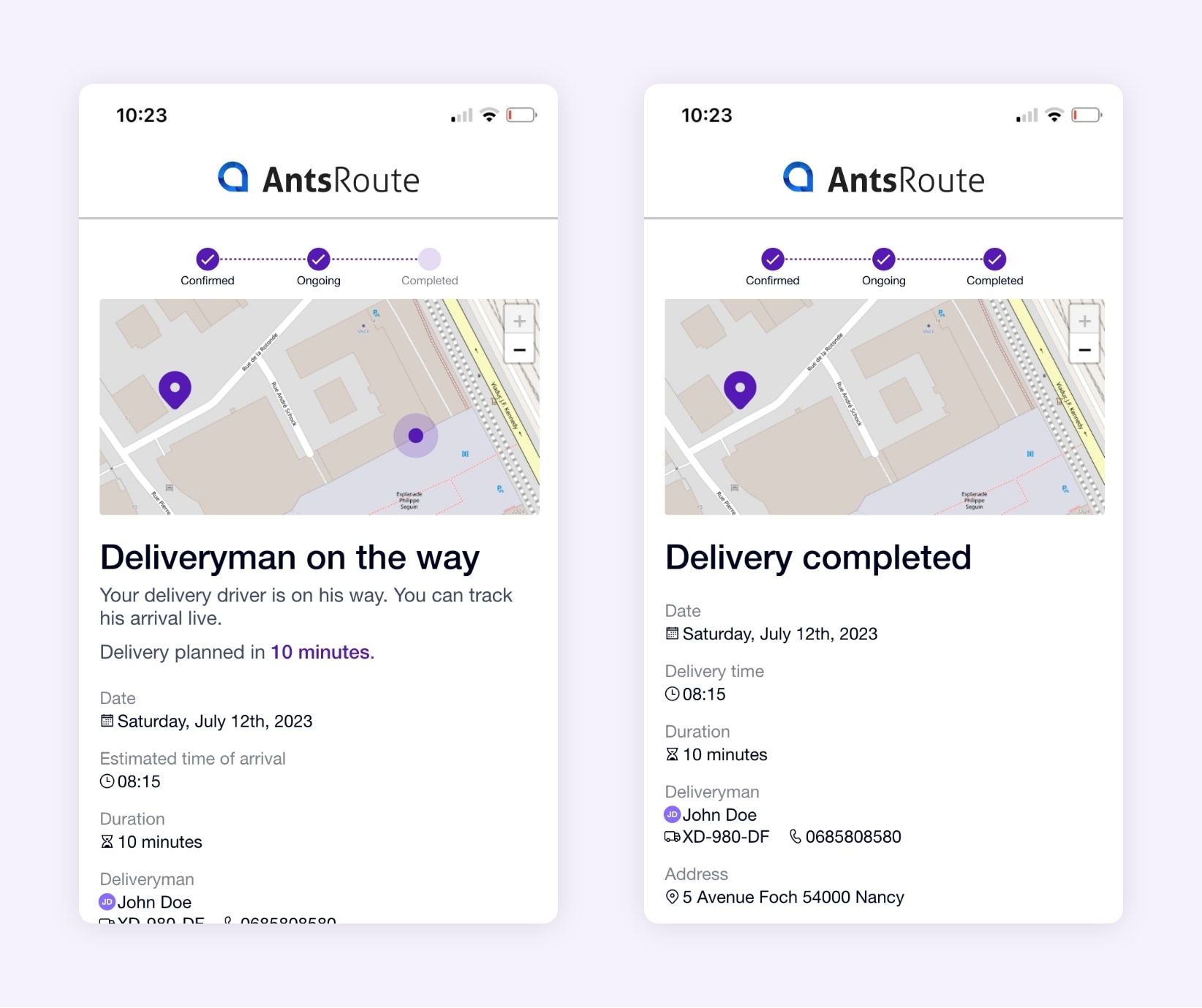 Delivery driver tracking link generated with AntsRoute.
