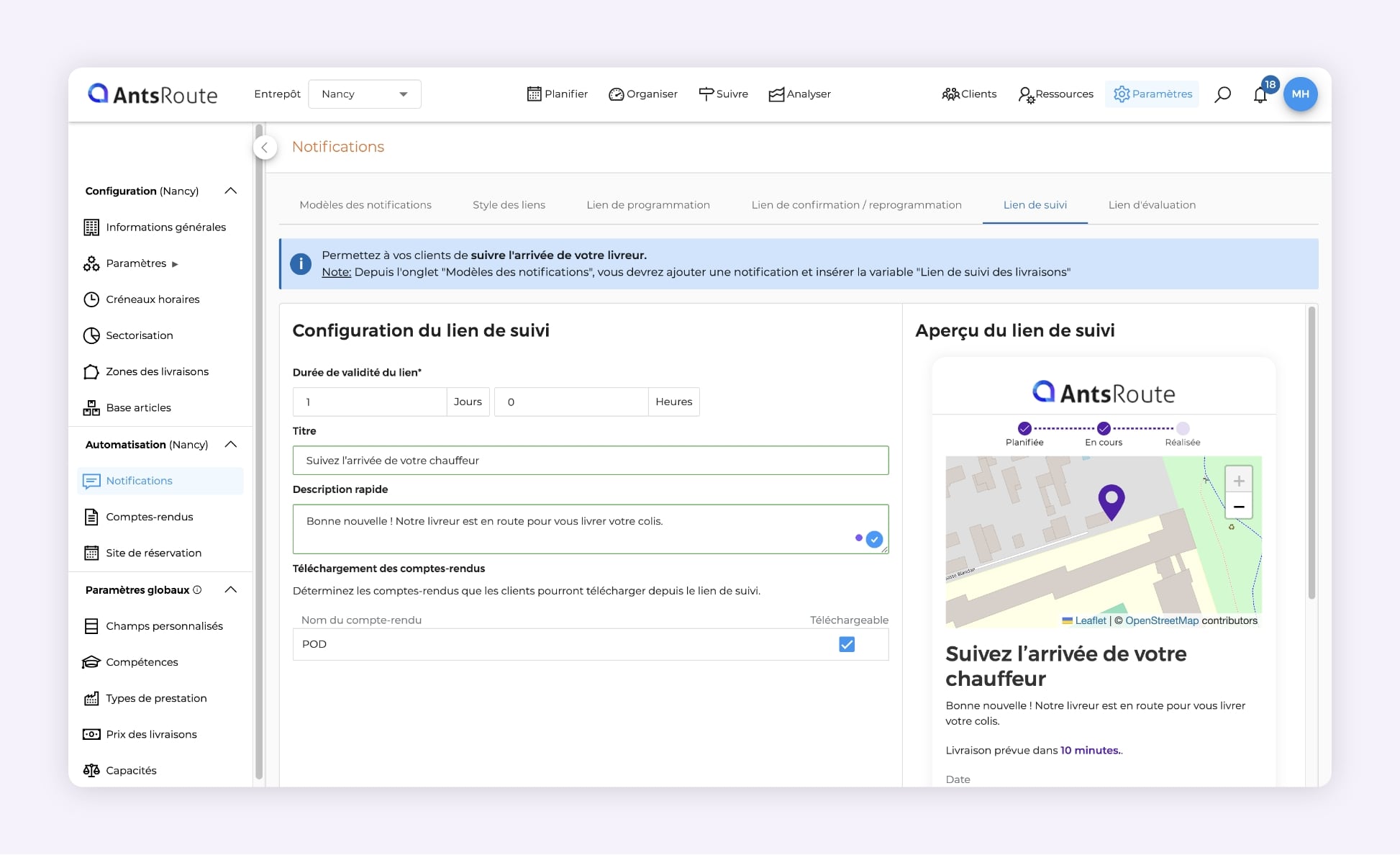 AntsRoute : écran de configuration du lien de tracking colis -personnalisation du titre/description et durée de validité du lien.