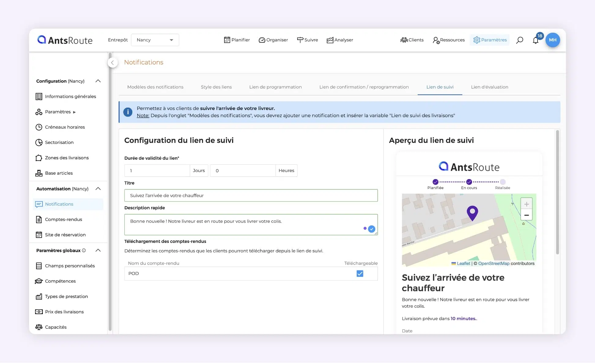 AntsRoute : écran de configuration du lien de tracking colis -personnalisation du titre/description et durée de validité du lien.