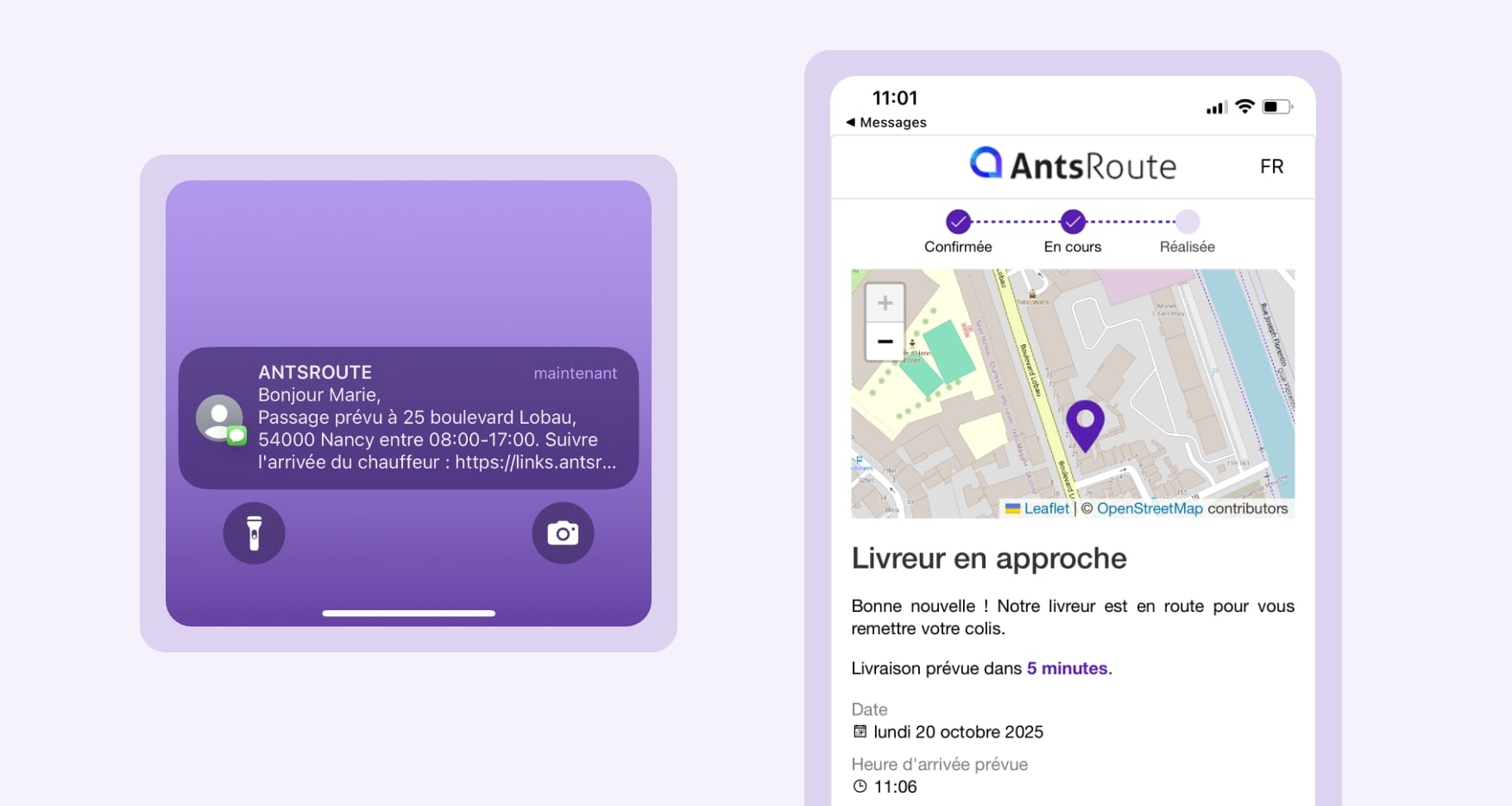 Modèle de notification de livraison indiquant l'approche du livreur envoyée via AntsRoute.