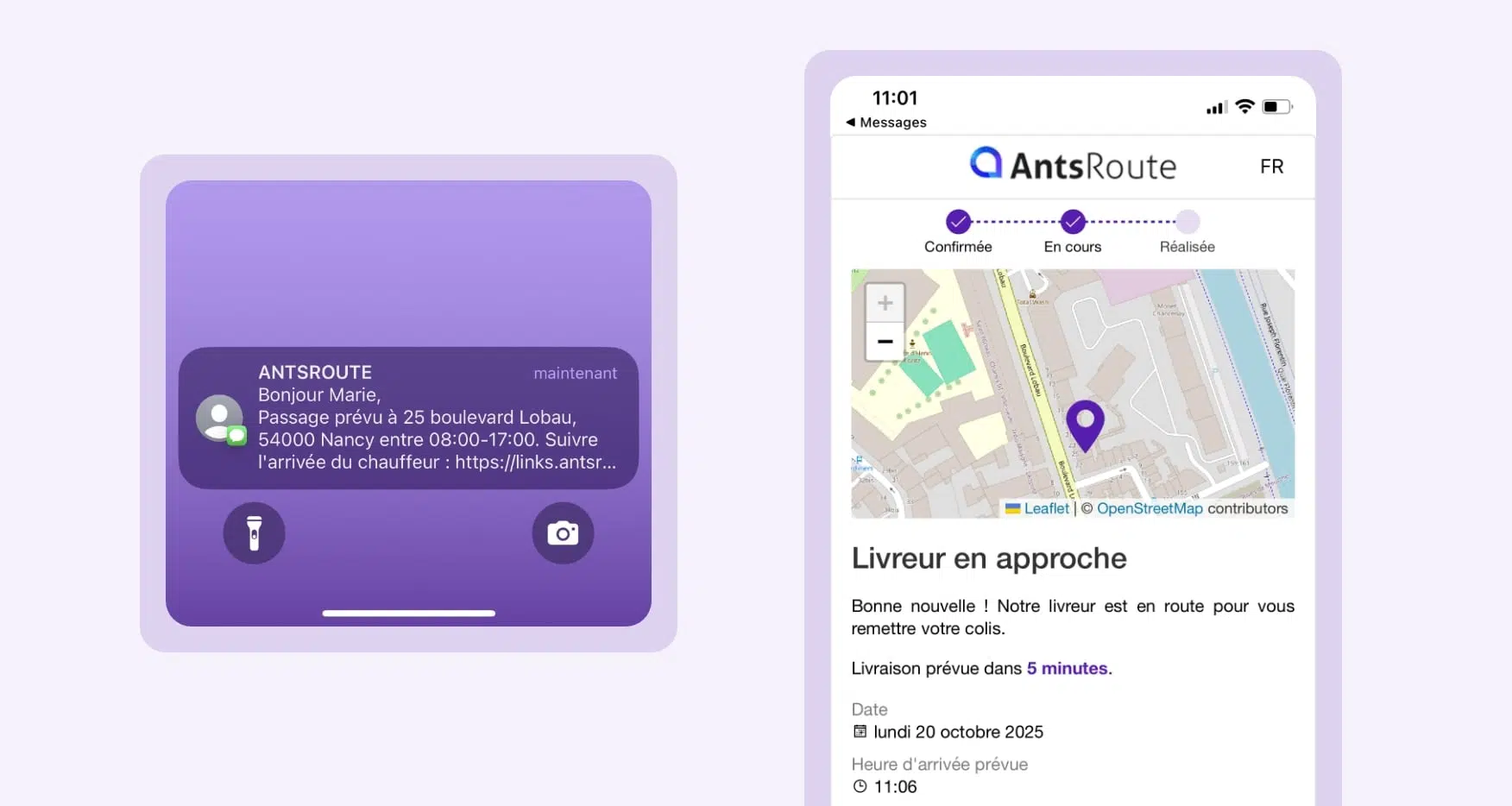 Modèle de notification de livraison indiquant l'approche du livreur envoyée via AntsRoute.