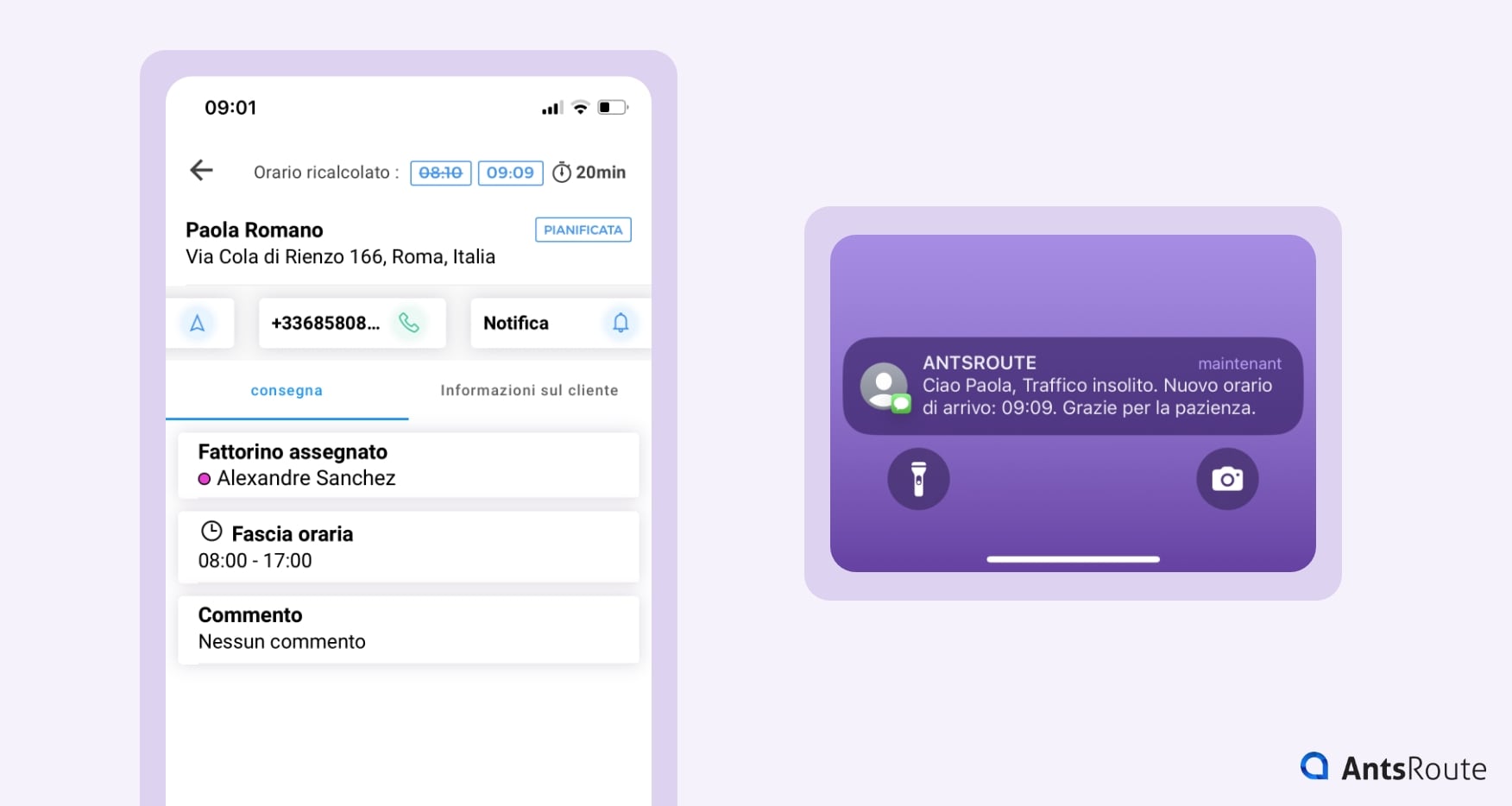Modello di notifica di consegna inviato tramite l'applicazione mobile AntsRoute dall'autista-corriere.