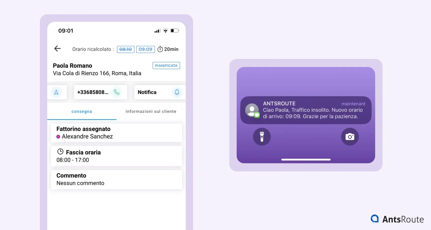 Modello di notifica di consegna inviato tramite l'applicazione mobile AntsRoute dall'autista-corriere.